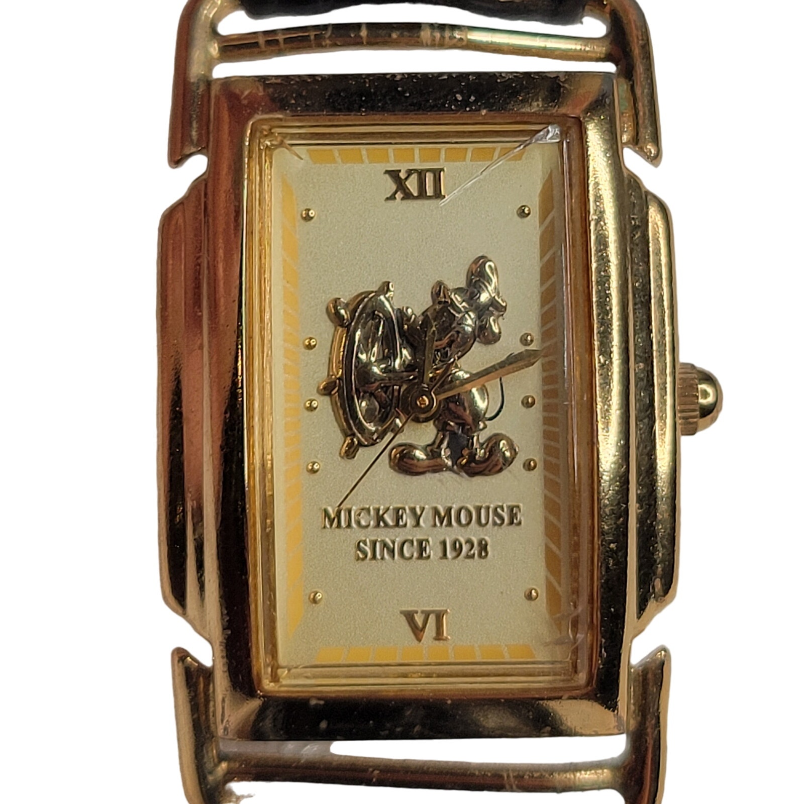 Disney Mickey Mouse Steamboat Willie leather watch gold tone working limited ed.