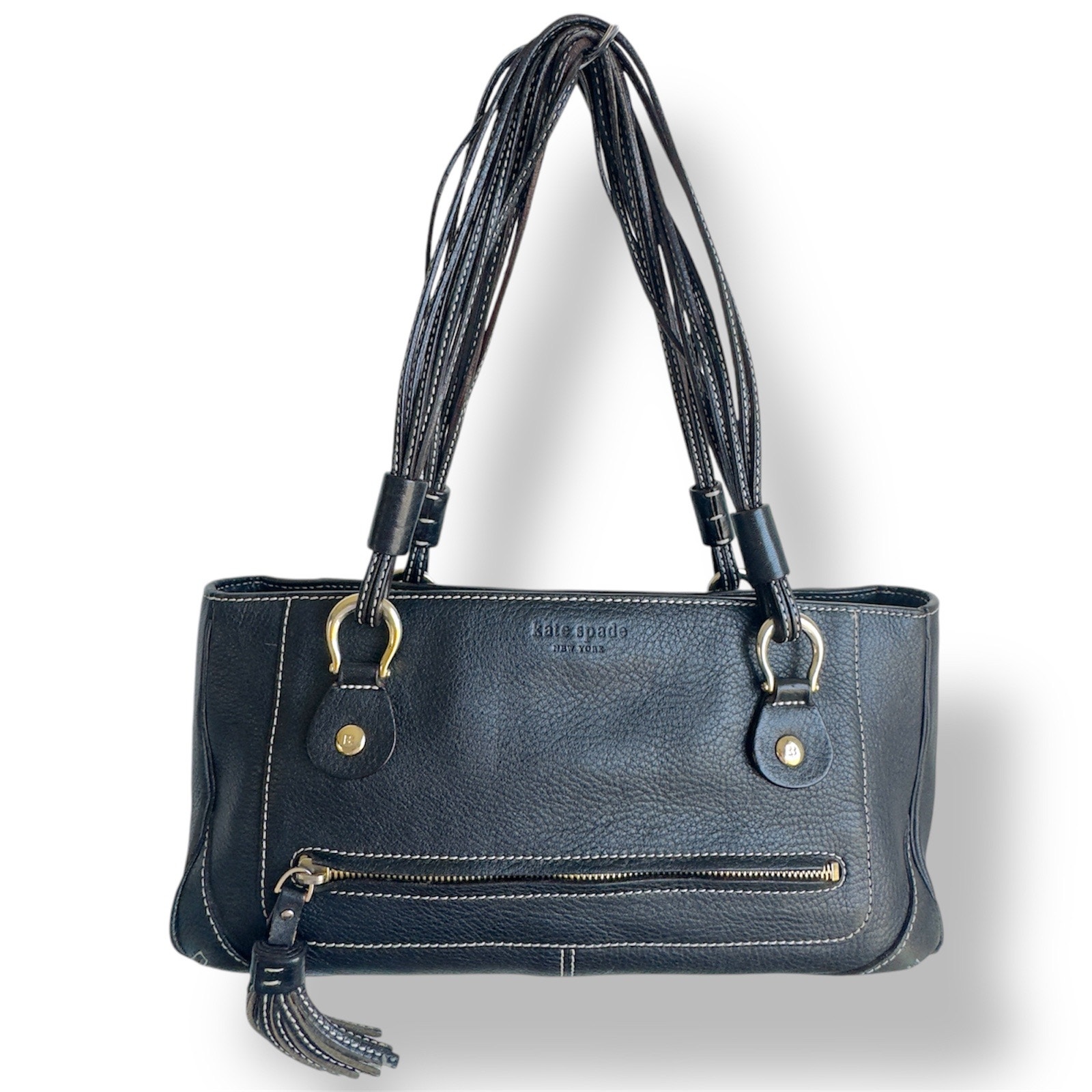Kate Spade Black Leather Foster Crossing Bag Spaghetti Strap Top Handle Tassel