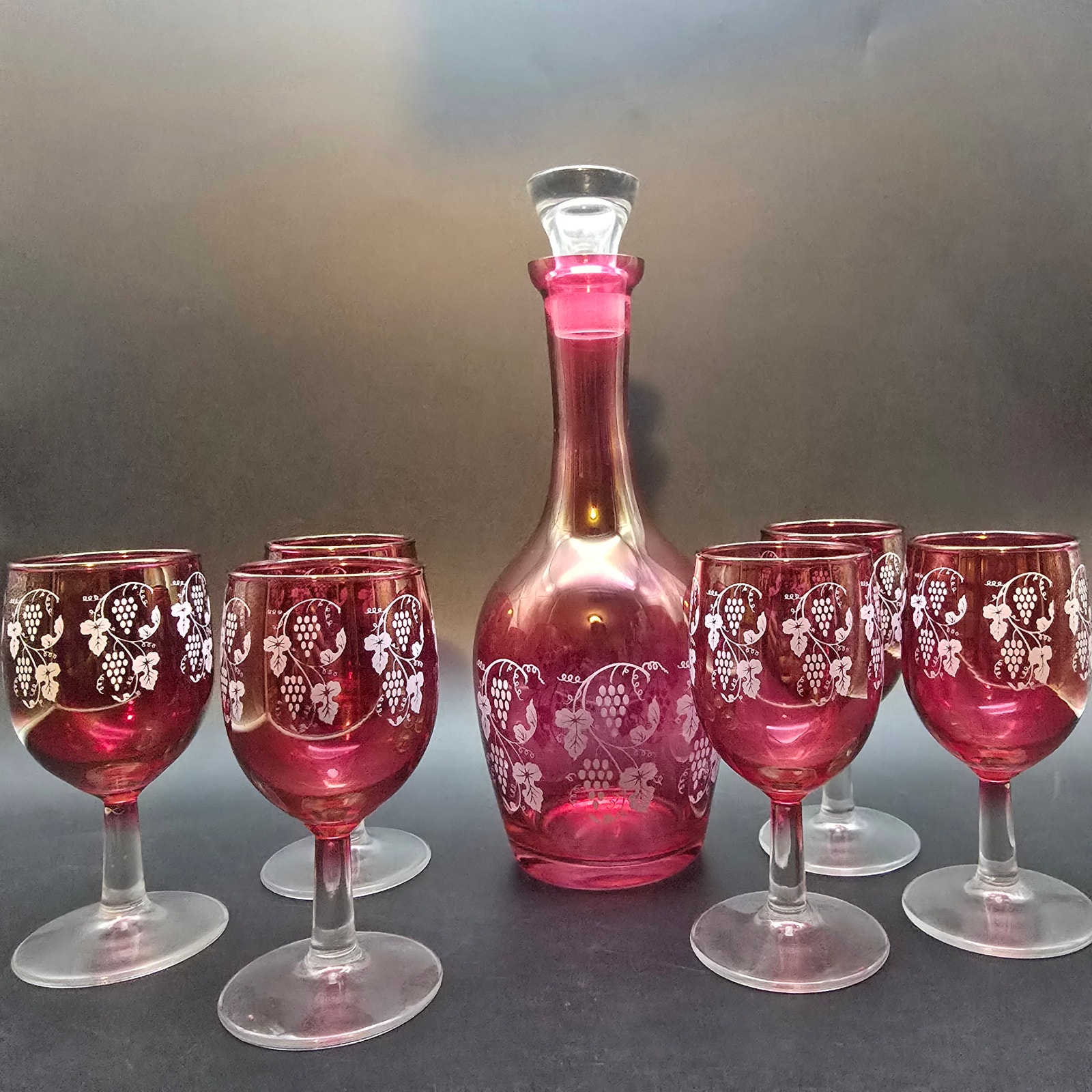 West Virginia Glass Cranberry Wine Decanter Six Glasses White Grape Design