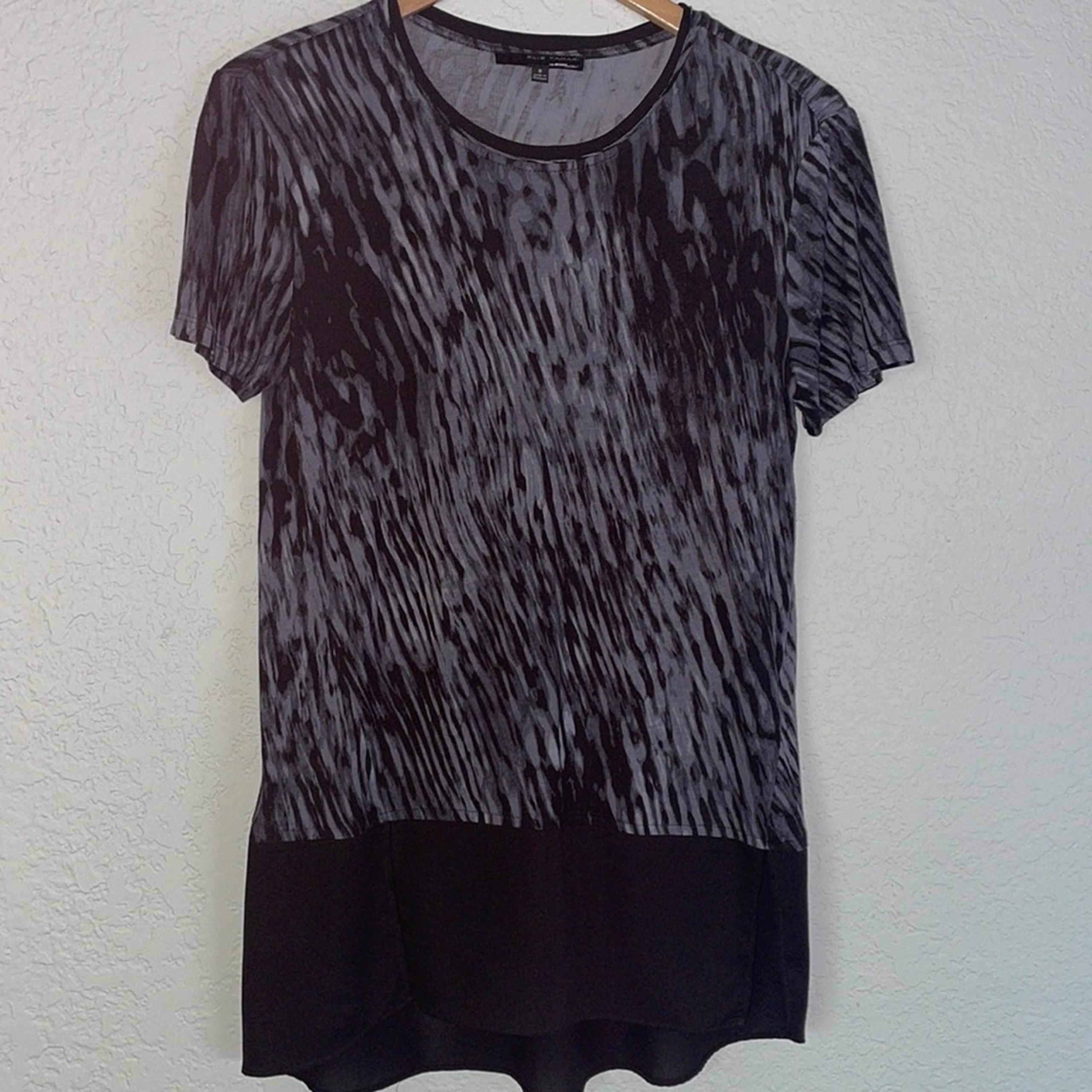 Elie Tahari Rayon Grey Black T-Shirt Blouse Whimsigoth Watercolor Tee Dark Goth