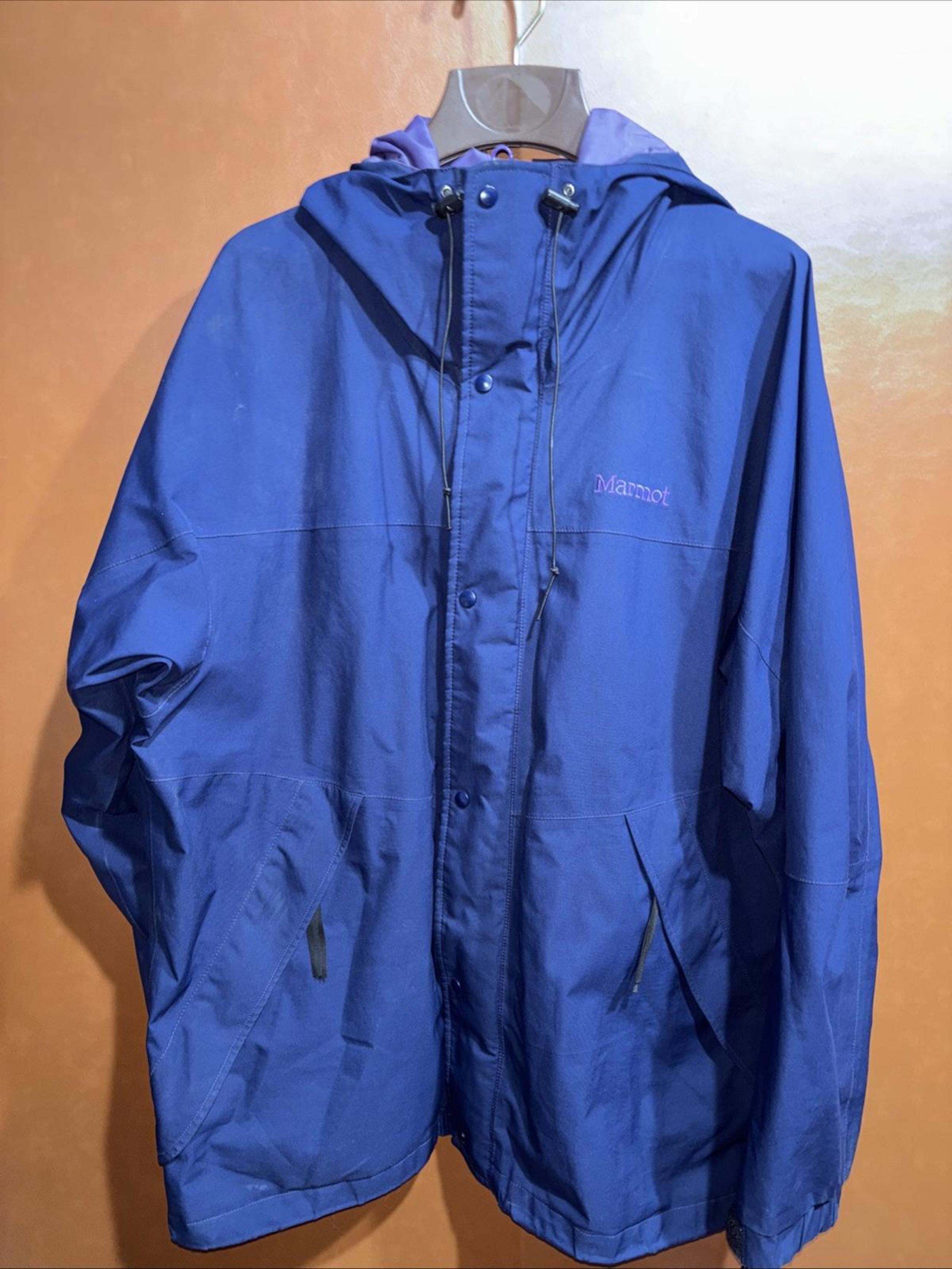 Vintage 1990s Marmot Mens Large Goretex Jacket Blue With Purple Lettering EUC