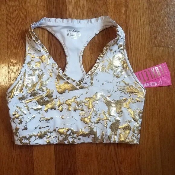 NWT Lilly Pulitzer Lindsay Sports Bra Top Gold Shoreline Foil M 98