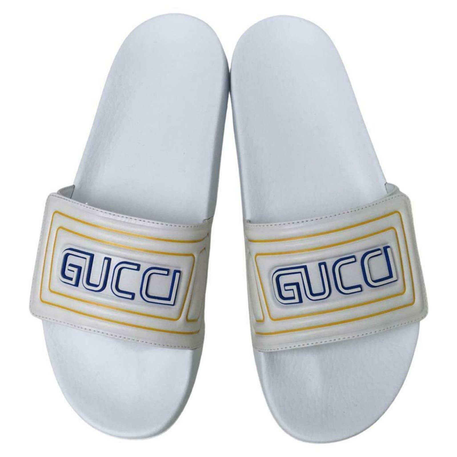 Gucci Men's Print Logo Leather Rubber Slide Sandals Size 10 White Color LO