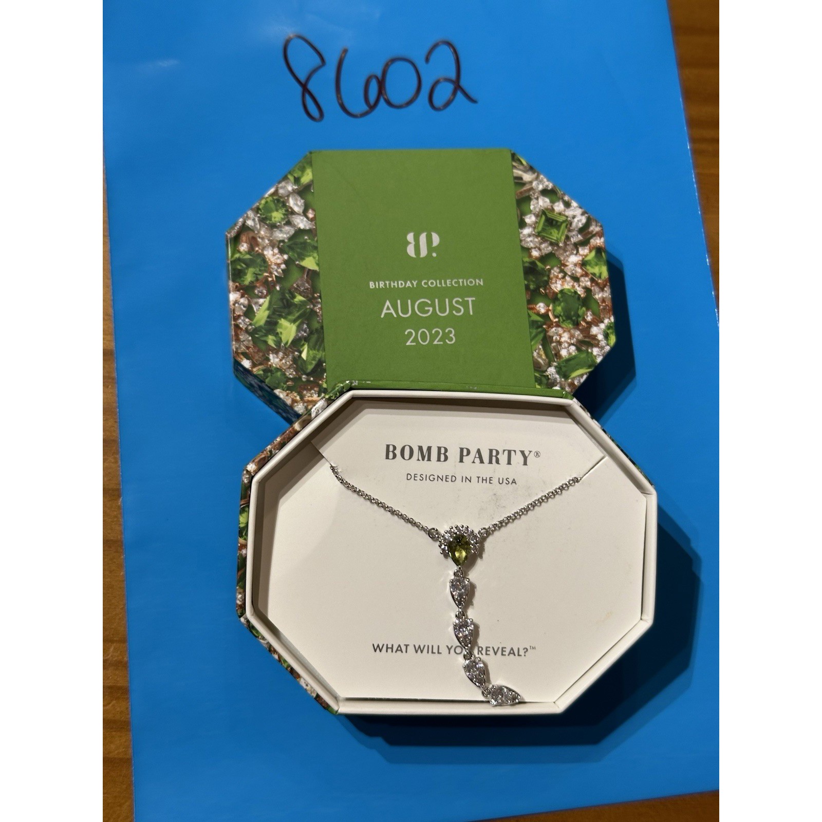 NIB Bomb Party Necklace Aug. 2023 RBP6365 Drops of Dynamite LC Peridot Rhodium P