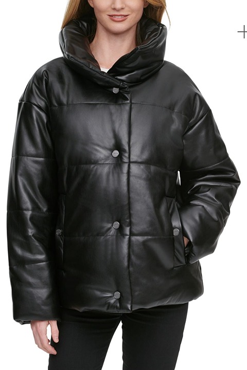 DKNY Women's Faux-Leather Puffer Coat