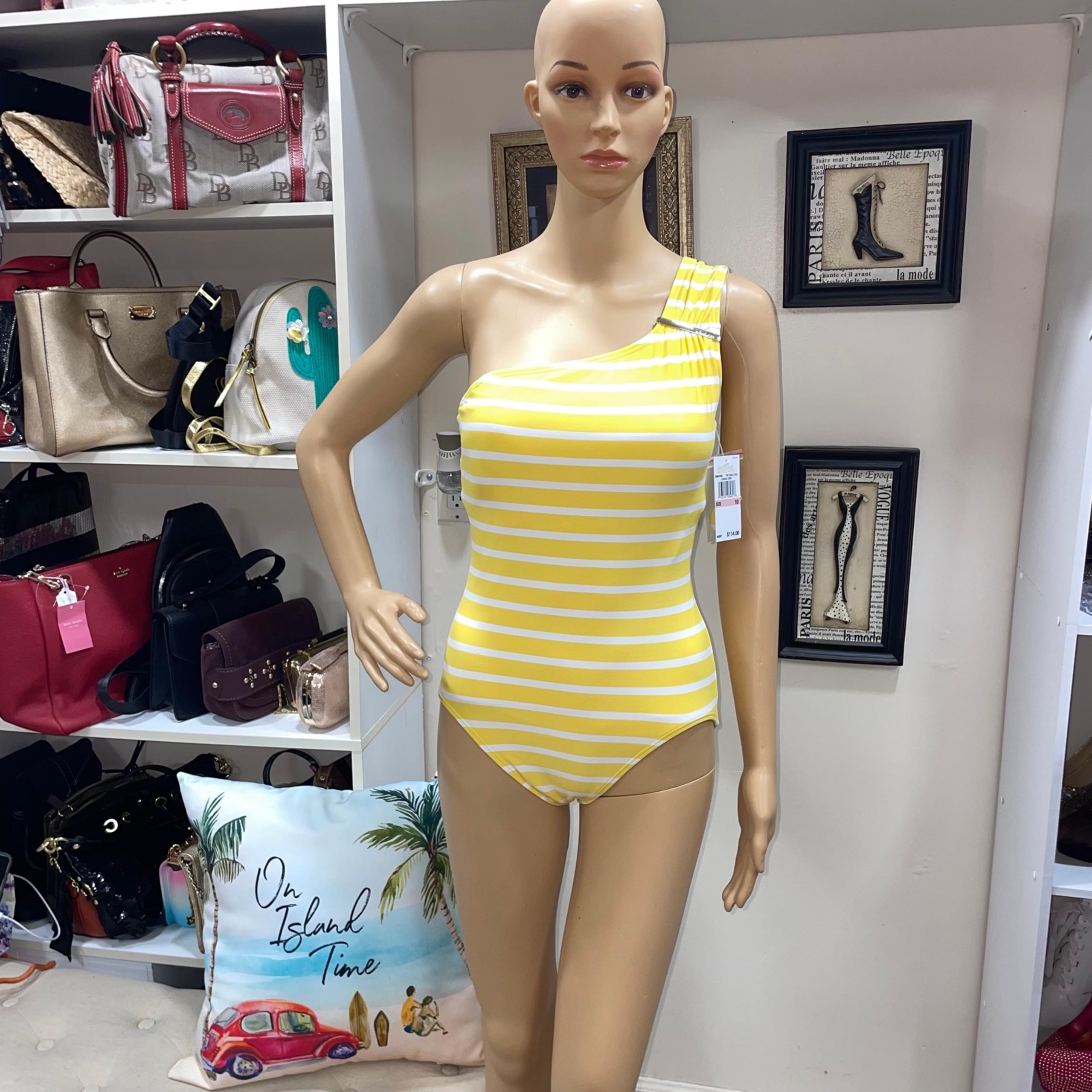 Michael Kors NWT! Gold Yell Cruise Yellow/White Striped One Shoulder Swimsuit