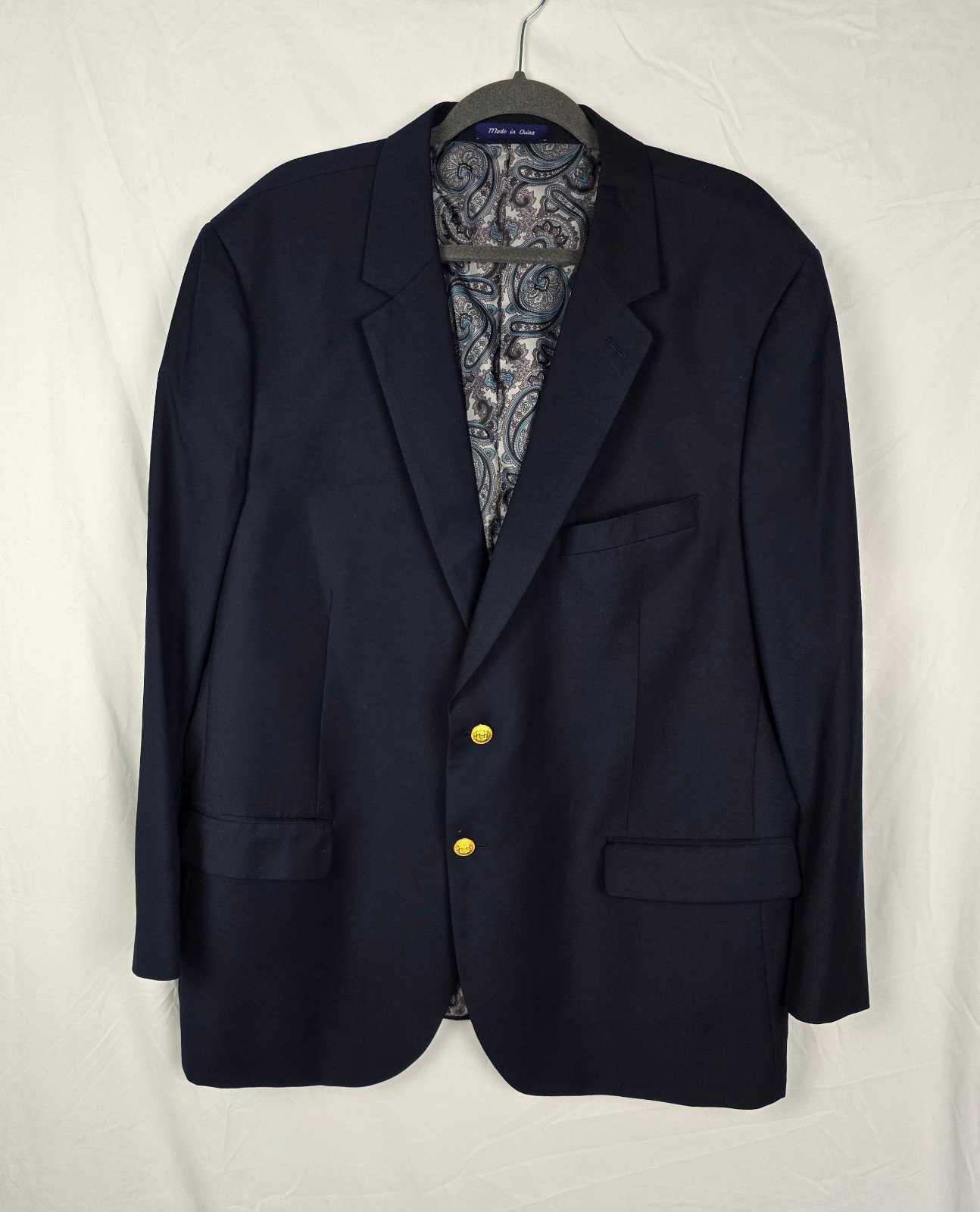 Alan Flusser Two-Button Crest Navy Blue Sports Coat Men's sz 48R Classic Preppy