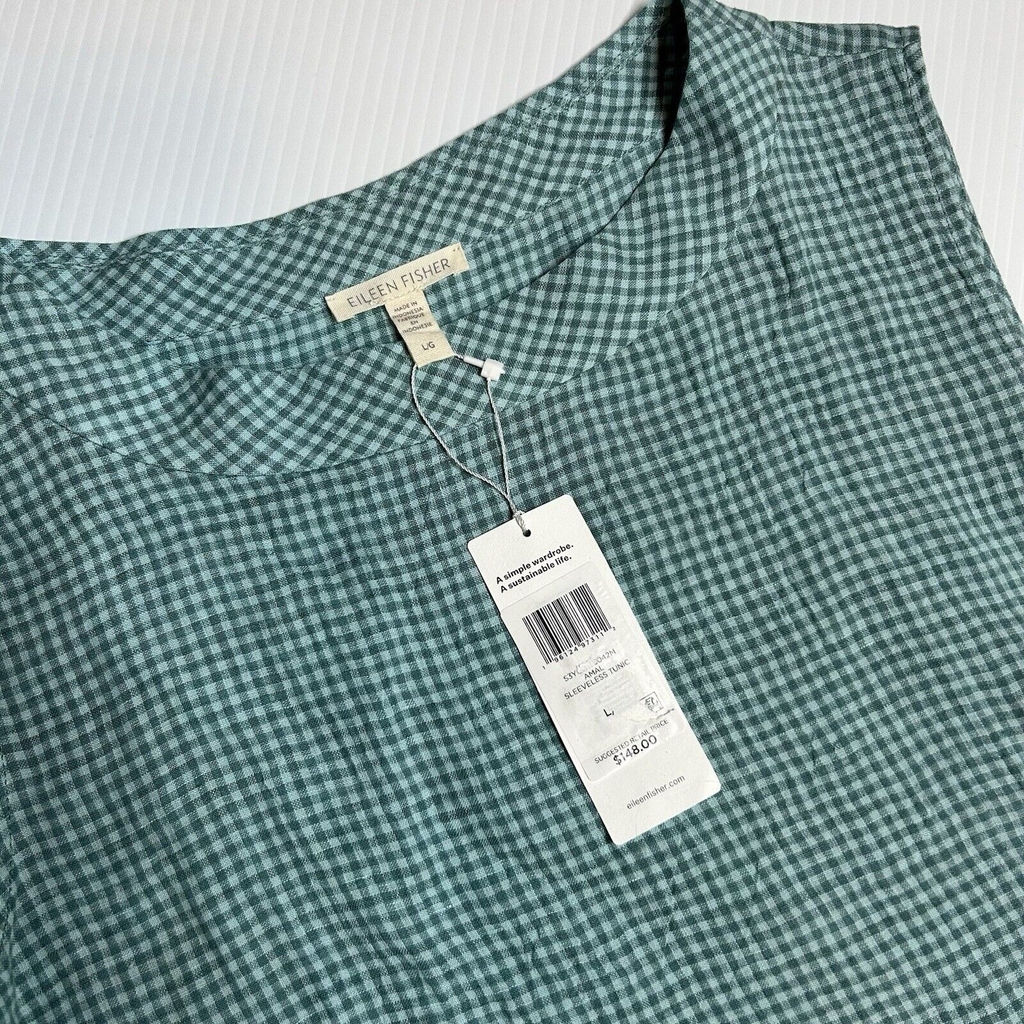 NWT Eileen Fisher Large Sleeveless Tunic Puckered Organic Linen Green Gingham