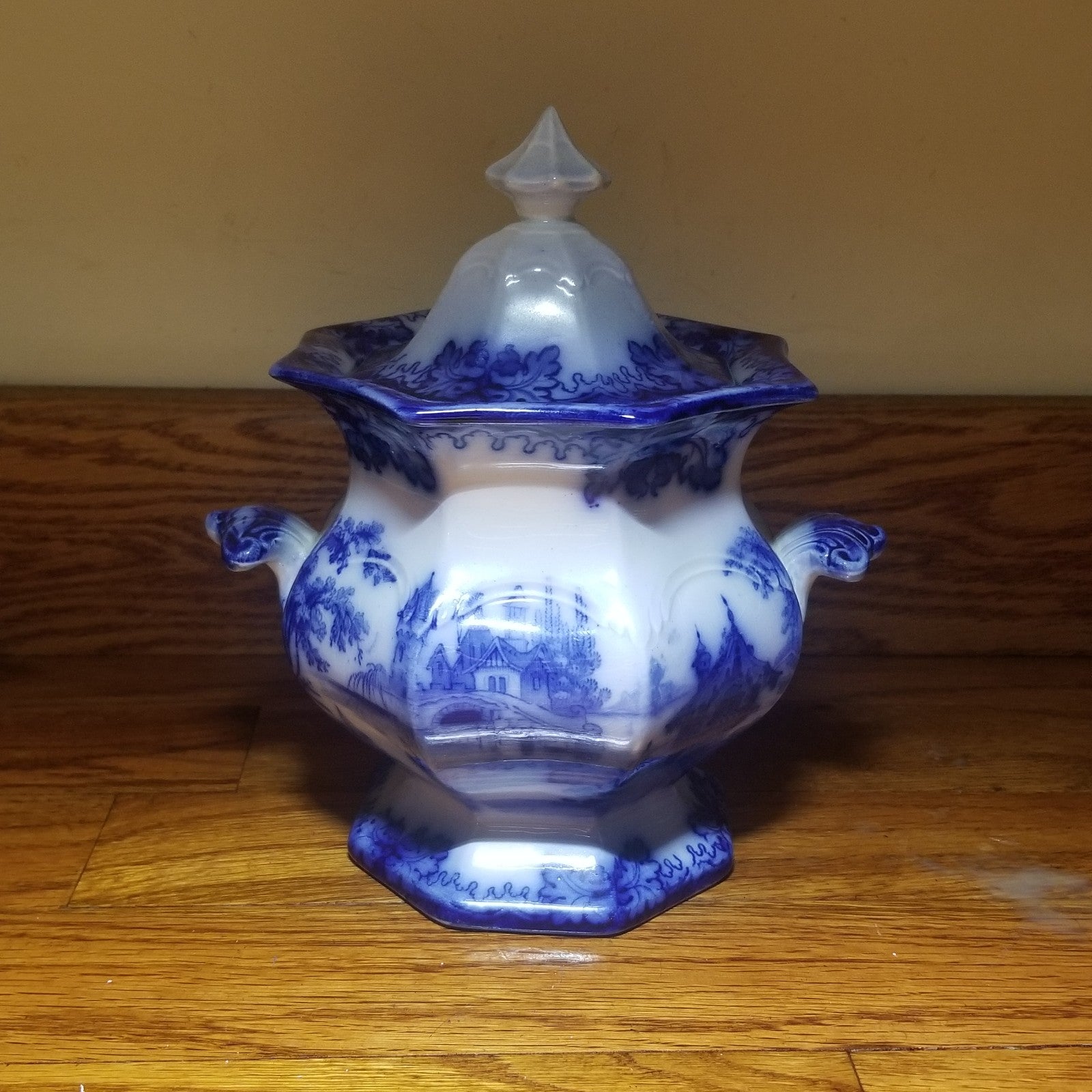Antique 1800s Flow Blue Sugar Bowl by Thomas Dimmock, Rhine