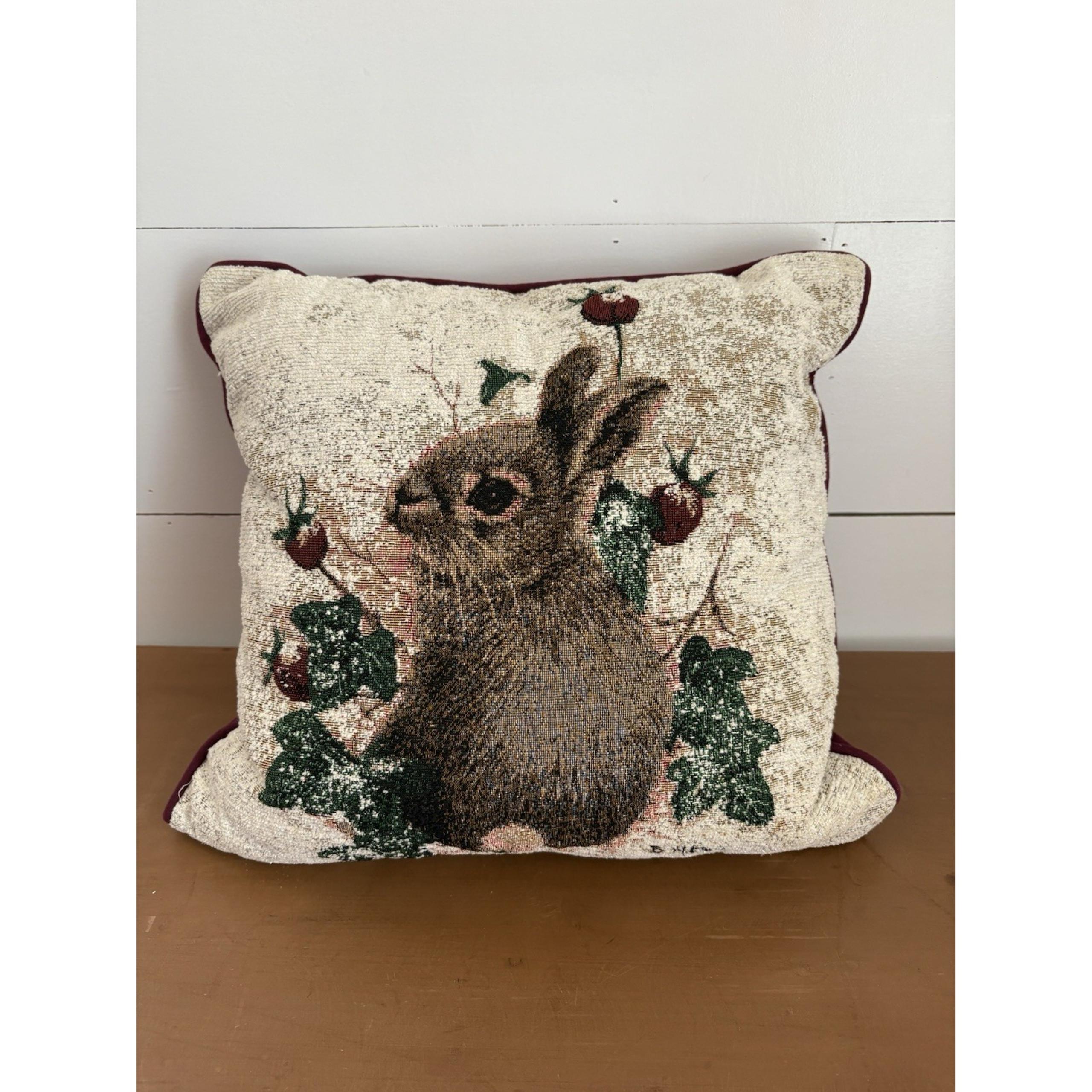 Square Tapestry Throw Pillow, Bunny, Rabbit, Floral Strawberries, Spring Decor