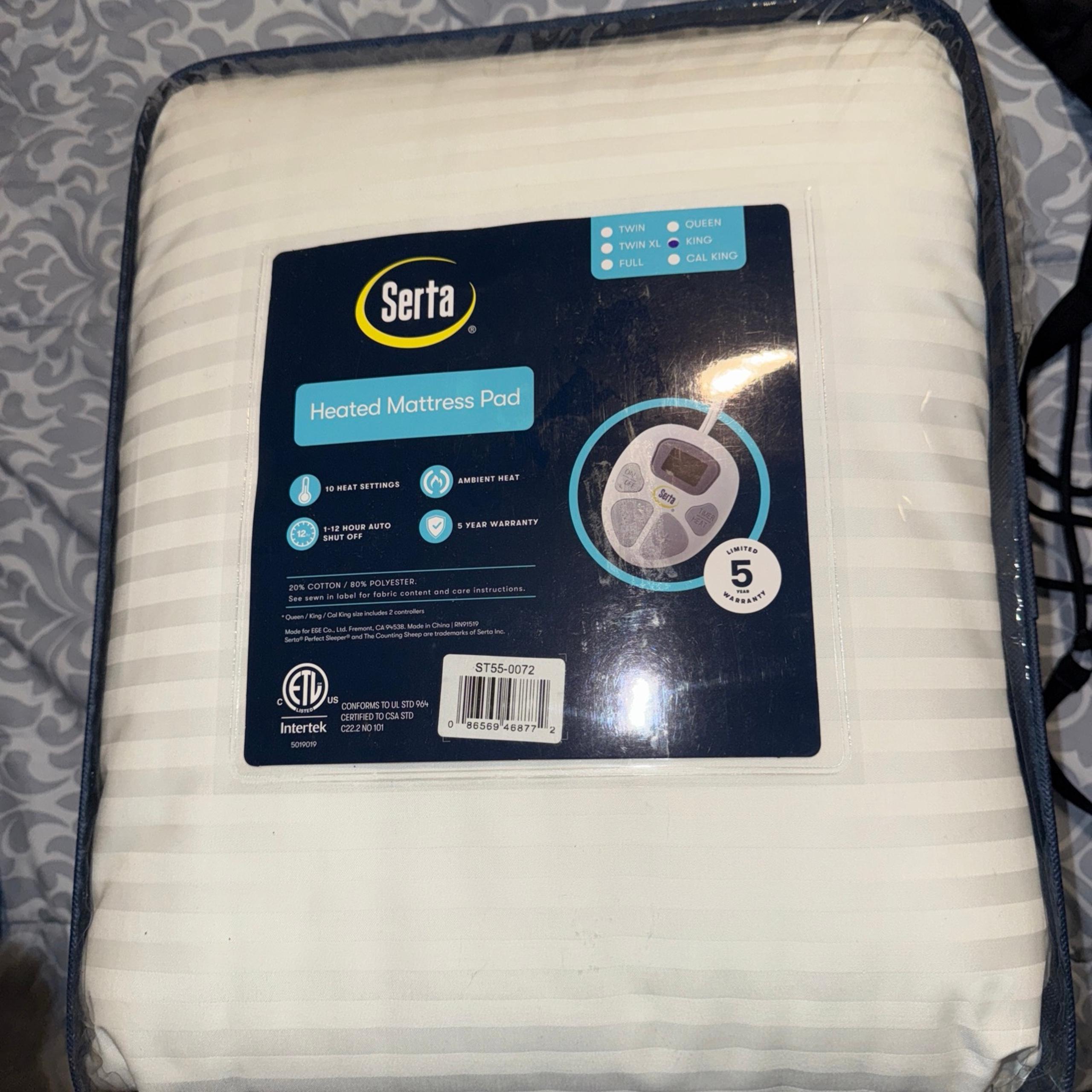 Serta Heated Mattress Pad King Size with 2 Controllers , 10 Heat Settings, White