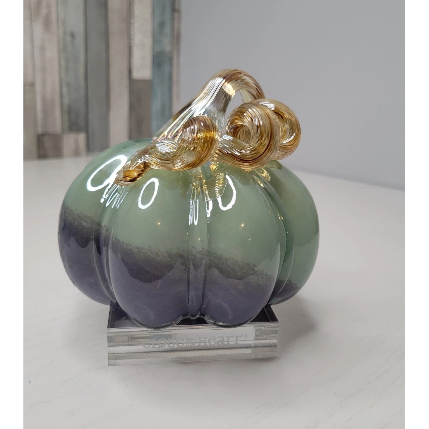 Glass Pumpkin, Hand Blown Art Sage & Purple Curled Glass Stem 4.5 tall X 4.5 W