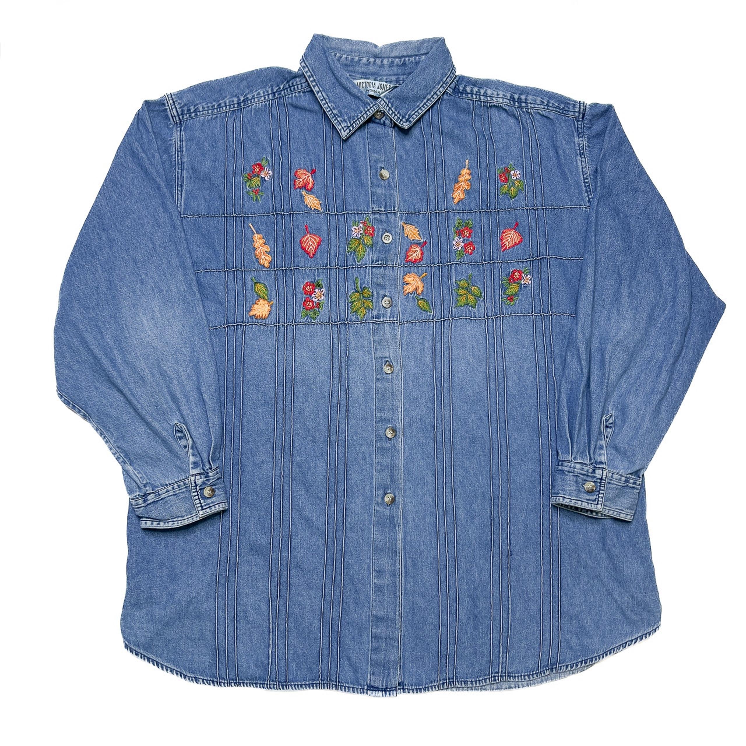 Victoria Jones Vintage 90s Fall Foliage Embroidered Denim Shirt Women's 22W 90s