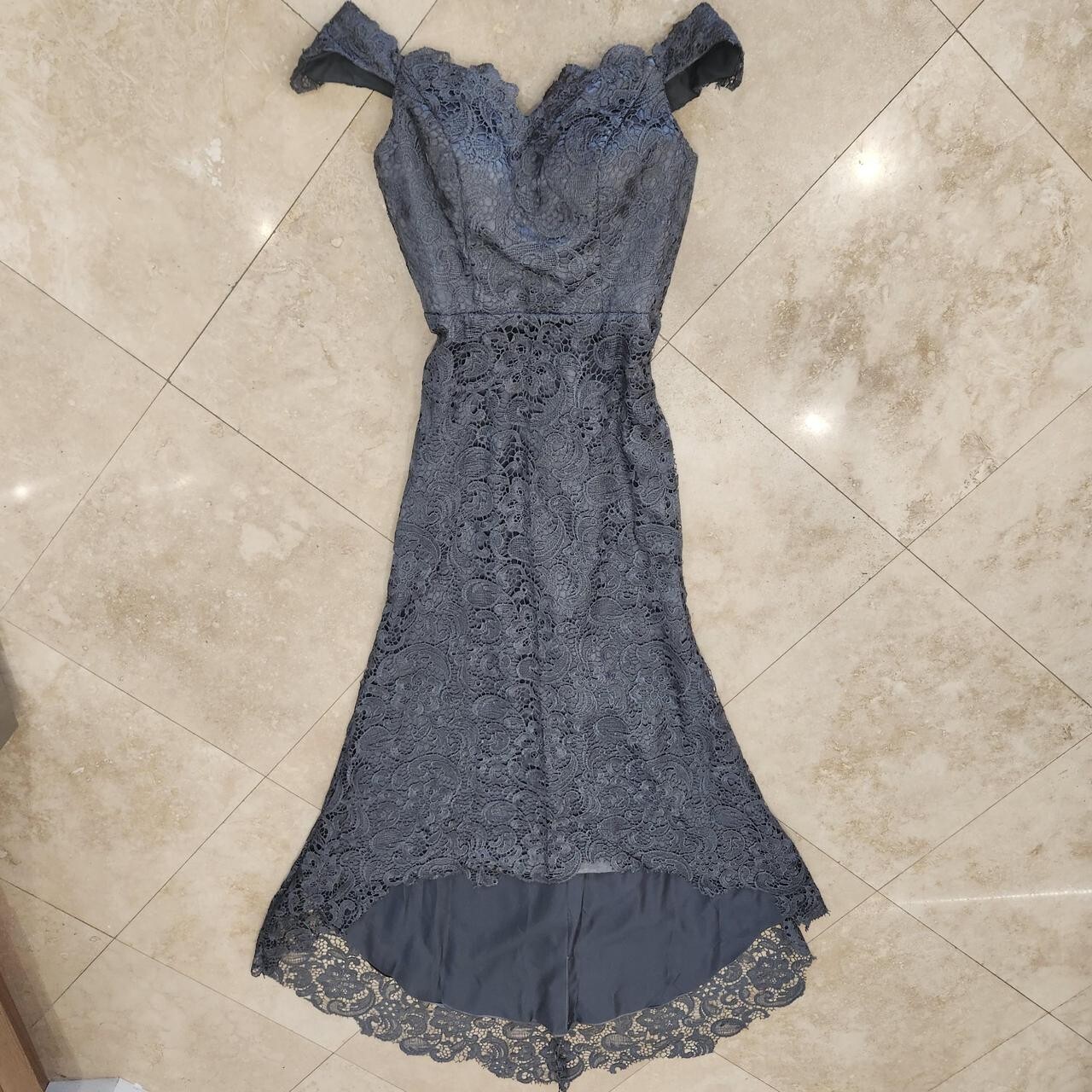 NWT Gray Miao Duo Gown Dress Lace Off shoulder high low hemline Formal Prom Sz S