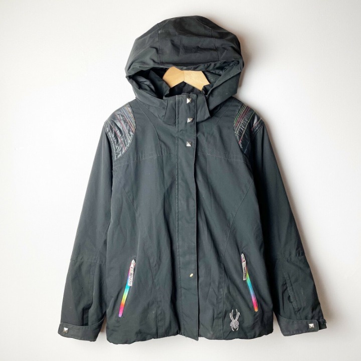 SPYDER Girls 12 Black Rainbow Stitching Zipper Hooded Winter Coat Ski Jacket