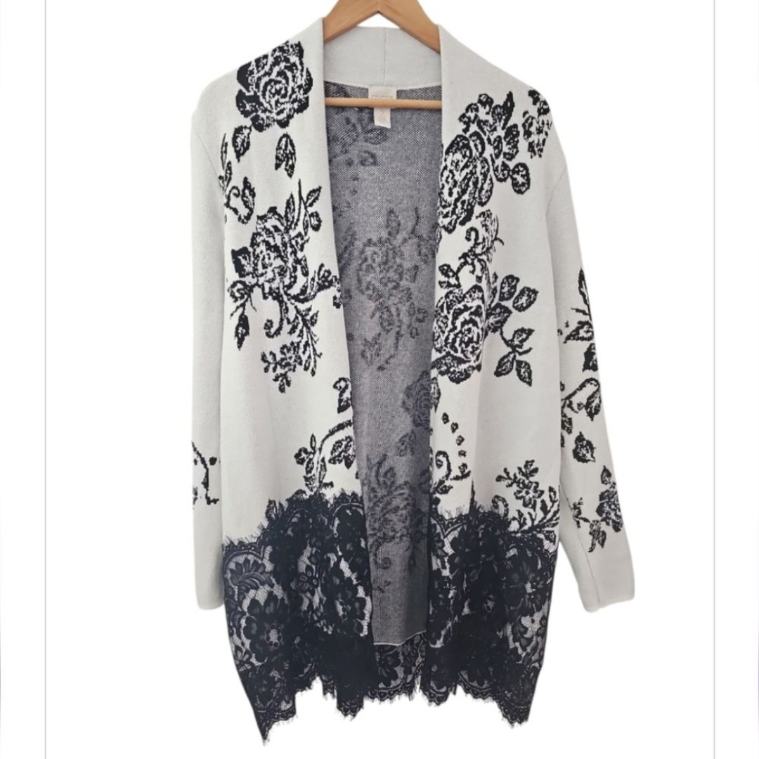 Chico's Open Front Floral Cardigan Sweater Sz 2 (L/XL) Lace Hem Feminine Chic