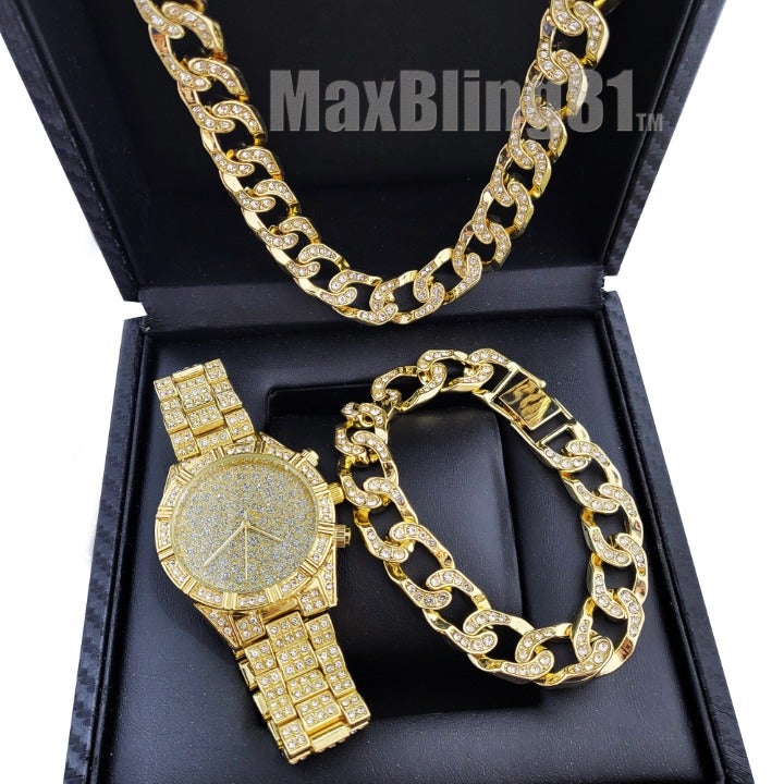 Men Hip Hop Iced Gold PT Bling Metal Band WATCH & Cuban Bracelet & Necklace Set