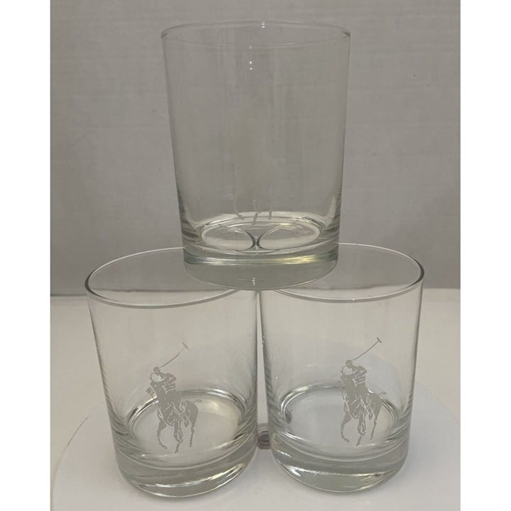 3 Ralph Lauren Polo Player Old Fashioned Low Ball Rocks 14oz Glasses - EUC