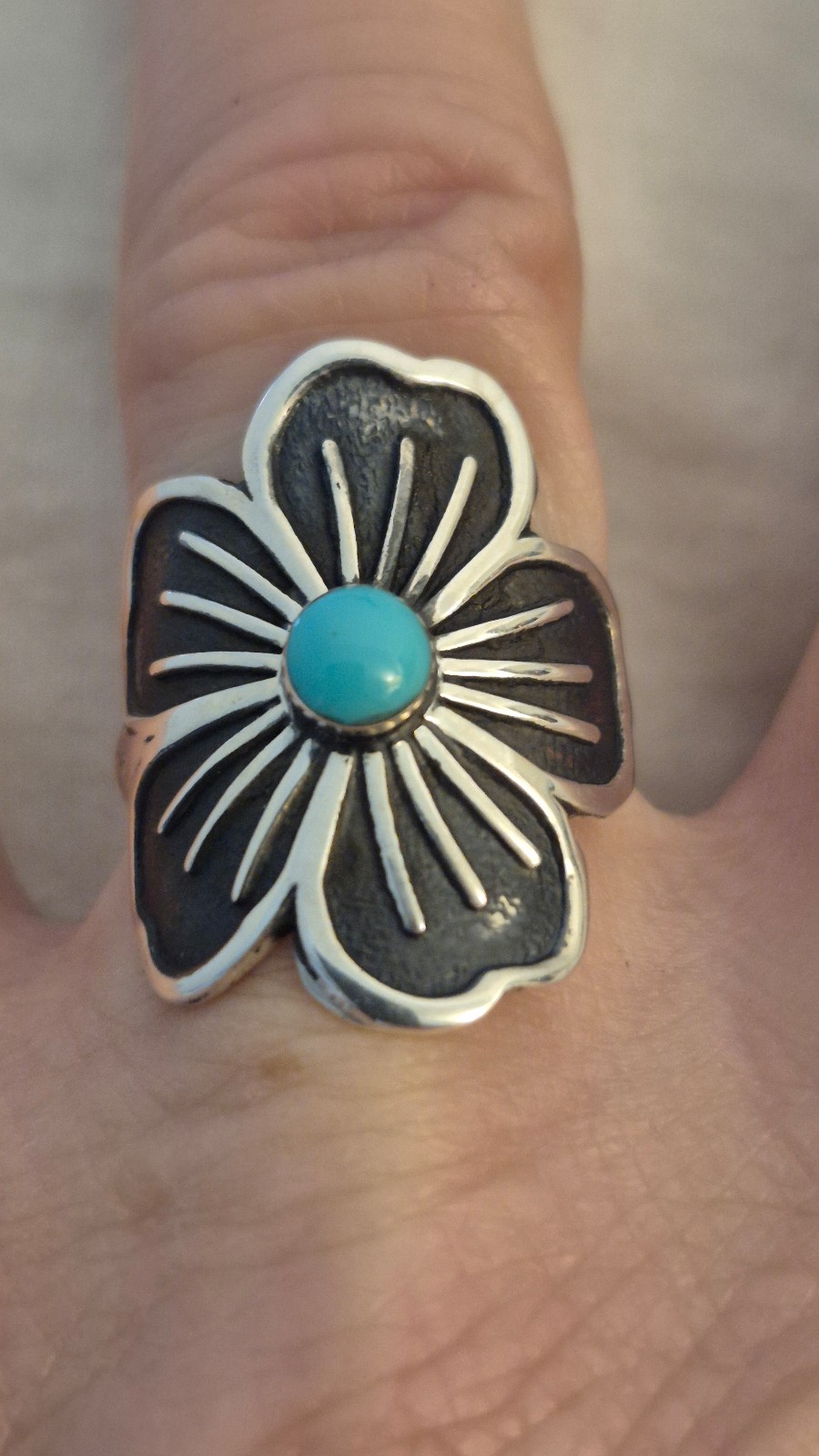 Vtg.Rare MEXICO Sterling silver Turquoise "FLOWER" Ring- sz6.50