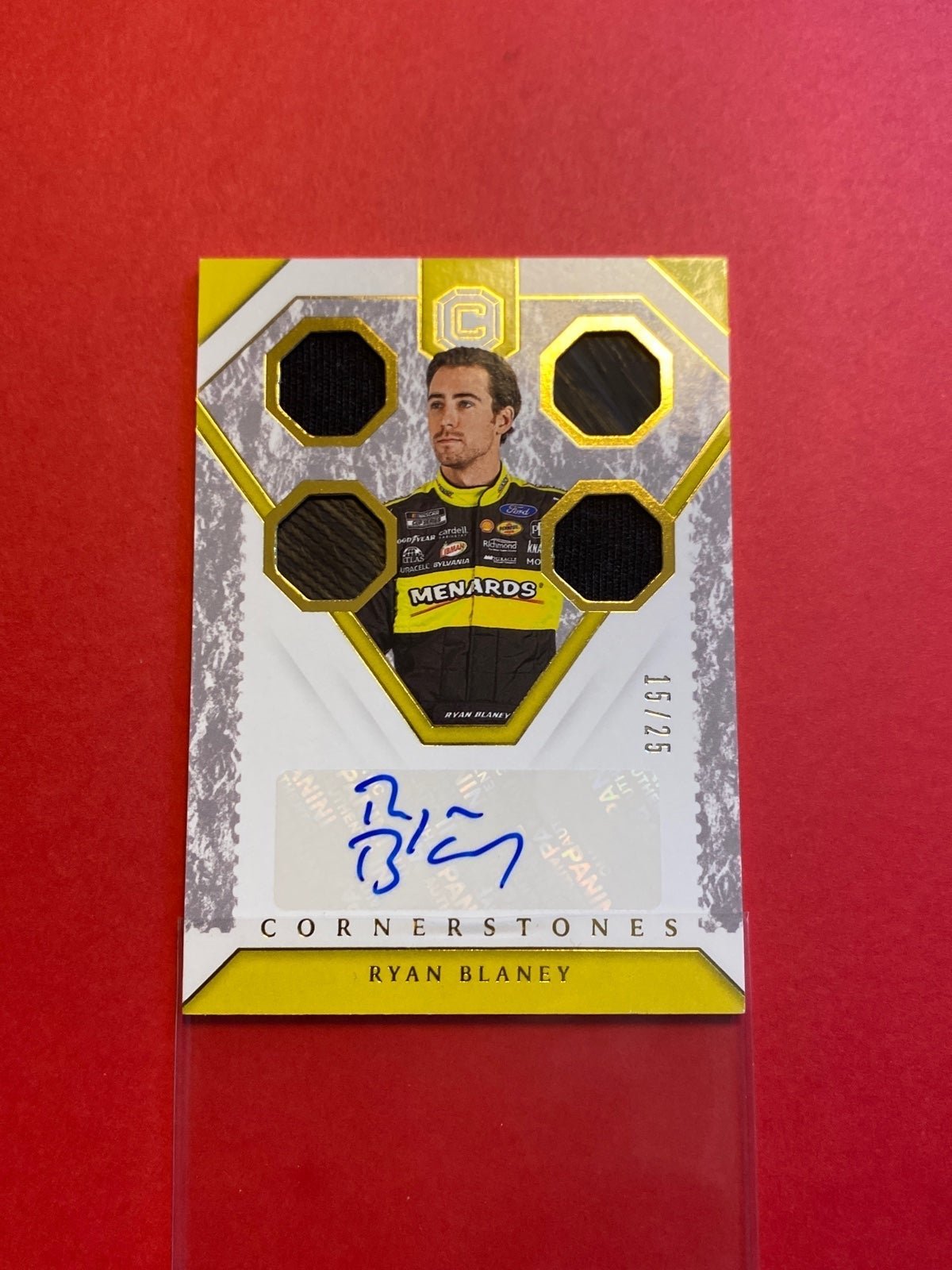 Ryan Blaney /25 - SIGNED 2020 PANINI Cornerstone - RACE USED Quad Race Relic