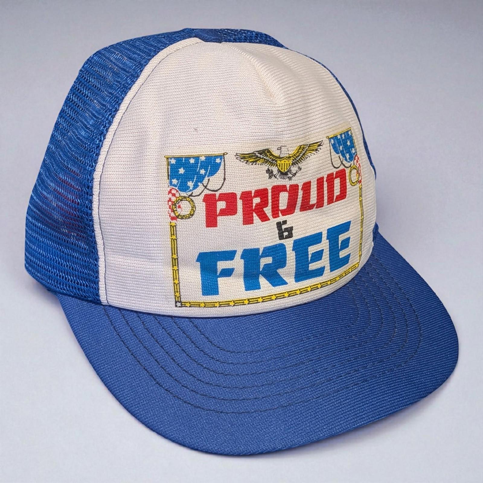VTG Trucker Hat Snapback Proud & Free 70s 80s Blue USA Mesh Cap Eagle America