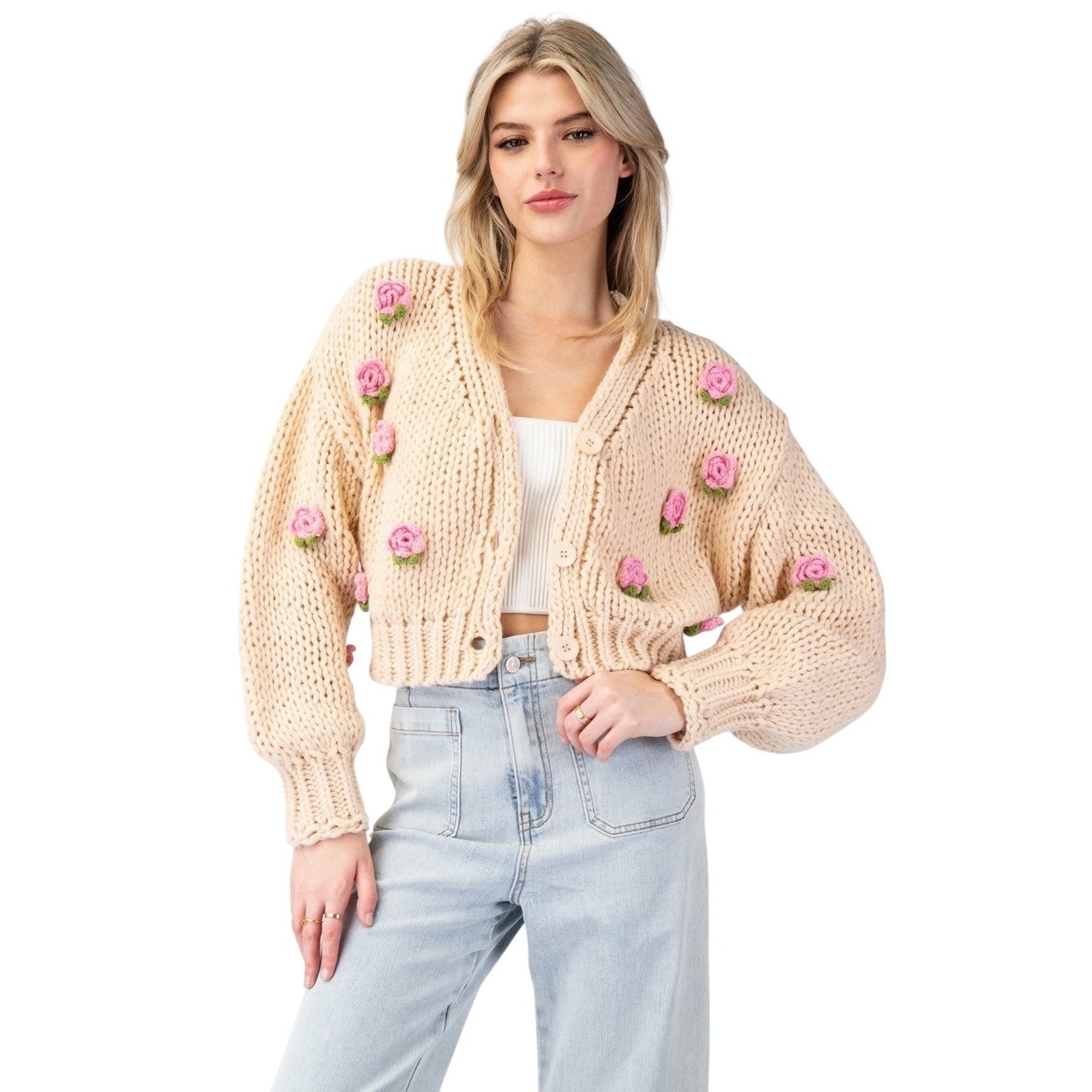 3D Rose Knit Cropped Sweater Cardigan eesome - L