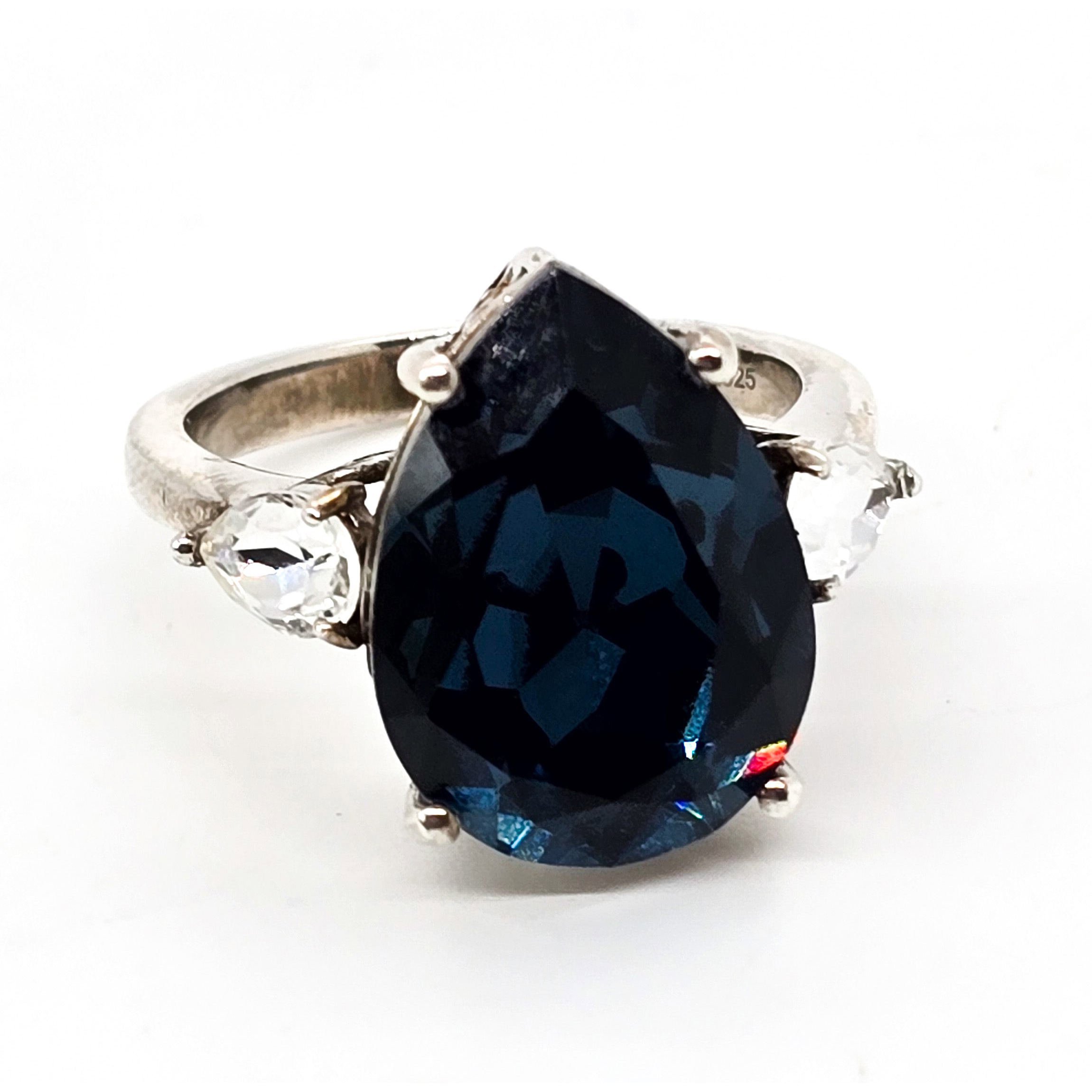 D'Joy Blue Cubic Zirconia Pear cut sterling silver ring with clear accents size