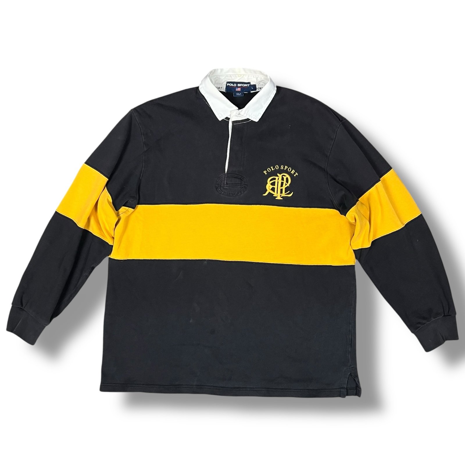 Vtg 90s Polo Sport Ralph Lauren Script #4 Rugby Shirt Polo Black Yellow Sz L