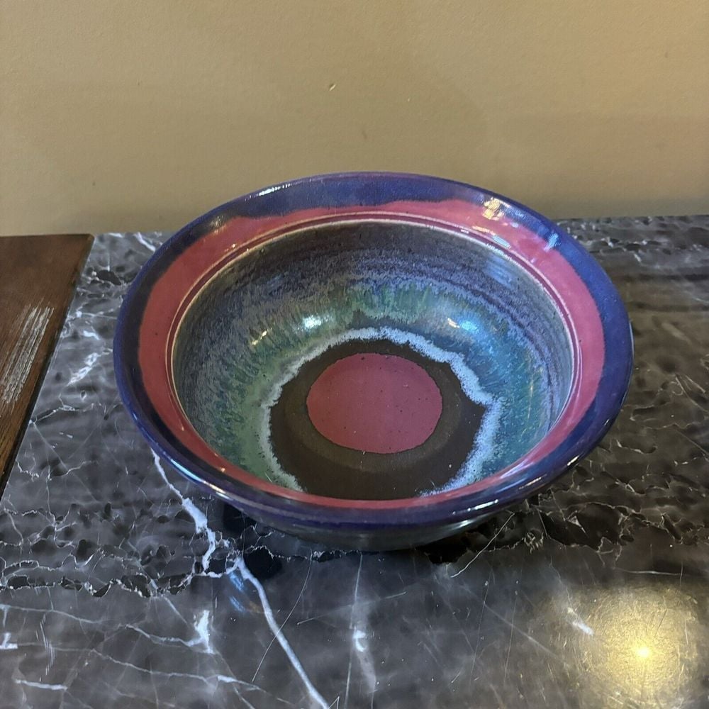 Susan DeMay Signed Studio Art Pottery Multi Colored Glazed Bowl 8 