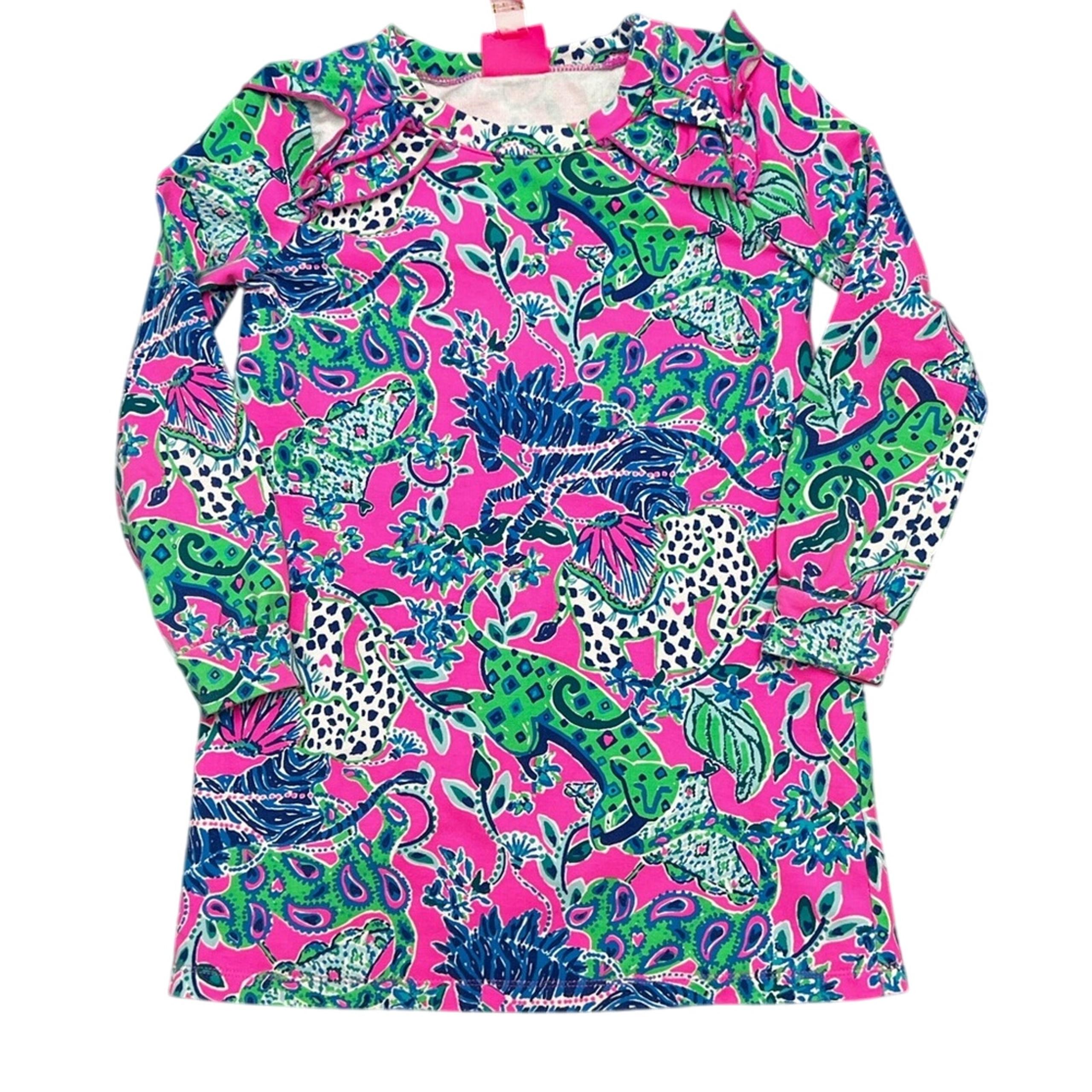 Lilly Pulitzer Women's Blouse Top Ruffle Neck Accent Pima Blue Pink Size Small