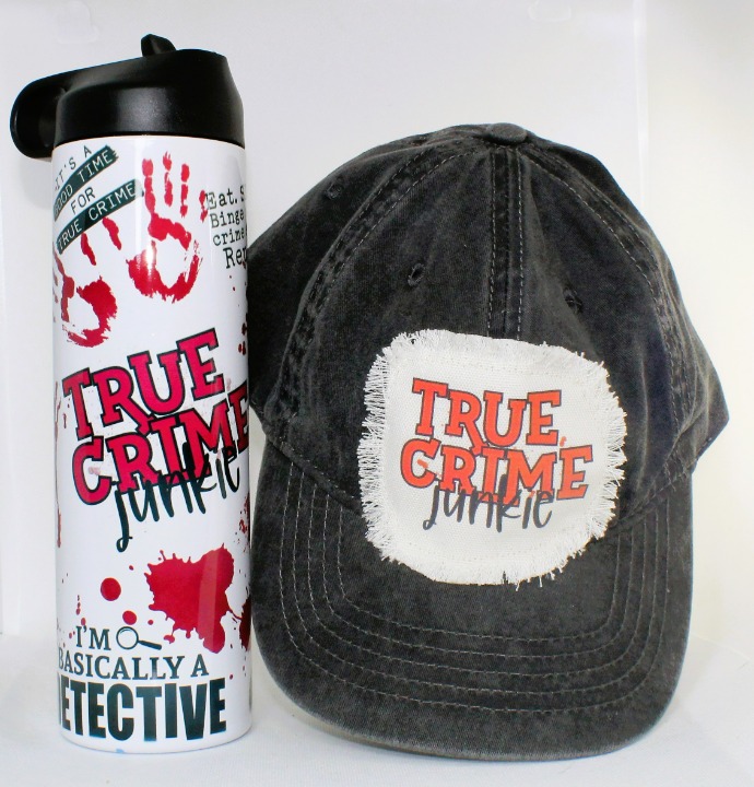 True Crime Junkie sports tumbler and raggy hat gift pack