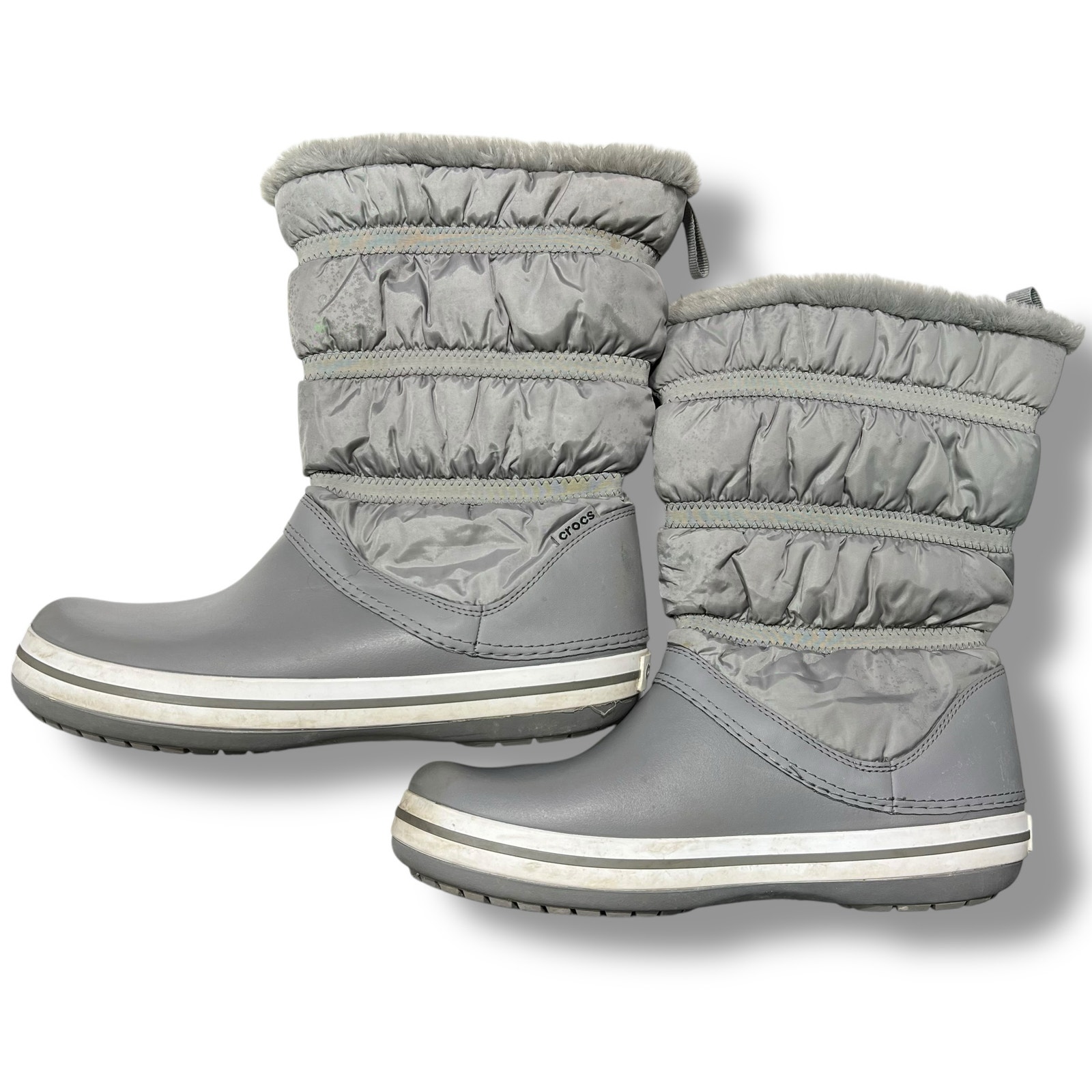 Crocs Womens Winter Snow Boots Faux Fur Lined Gray Banded Puffer Mid Calf Sz 10