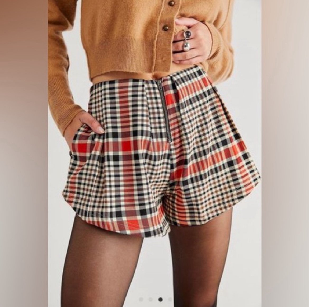 Free People Womens Shorts Orange Black Plaid Mayfair Pleated Zip Front Size 10