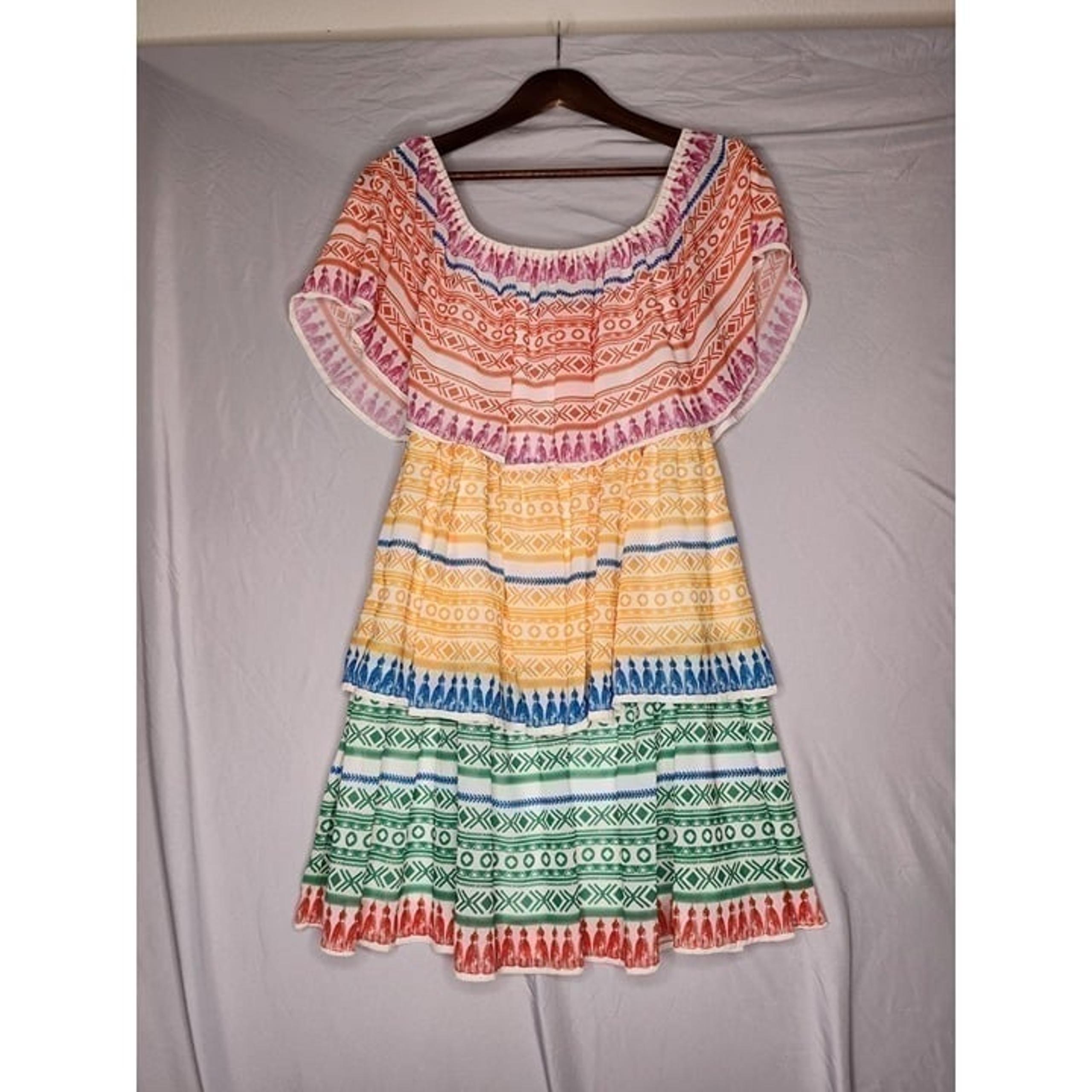 Flying Tomato tiered ruffled rainbow tribal print off the shoulder dress