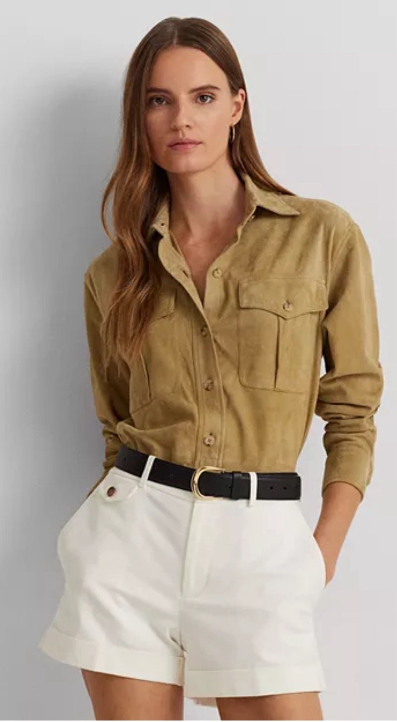 Ralph Lauren Women’s Goat Suede Button Up Long Sleeve Shirt / Jacket - Tan - XXL