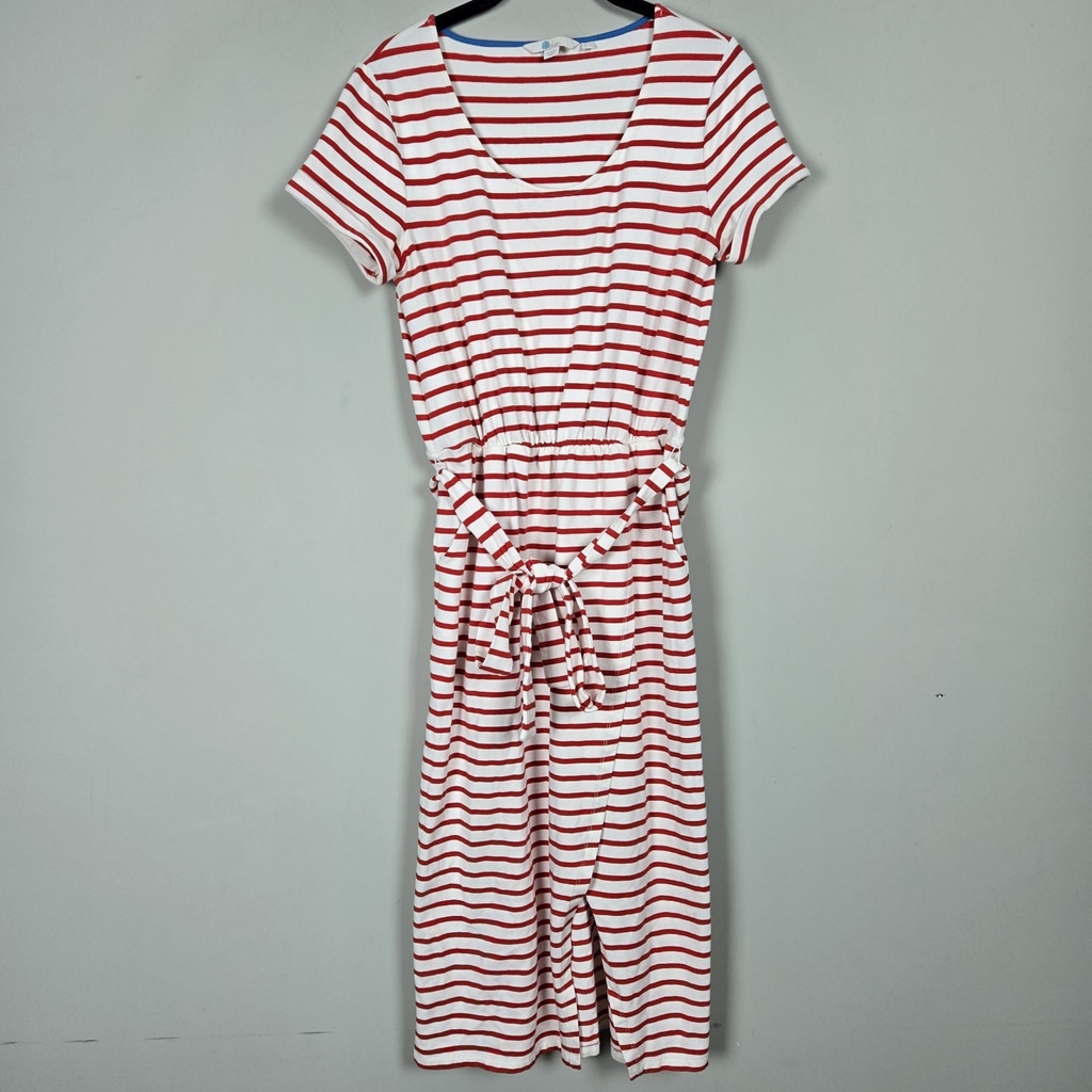 Boden Womens Hallie Jersey Midi Dress Size 6 Red Striped Belted Nautical Preppy