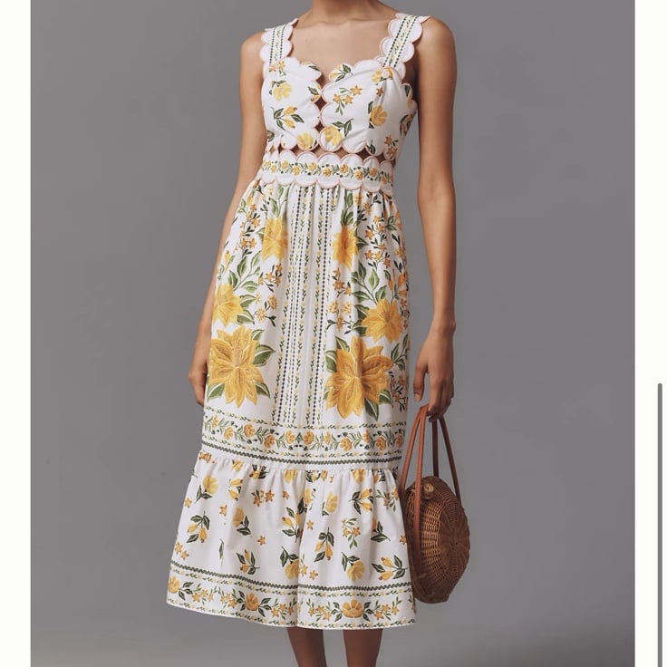 Anthropologie Farm Rio x Anthropologie Sleeveless Scallop-Trim Printed Midi Med