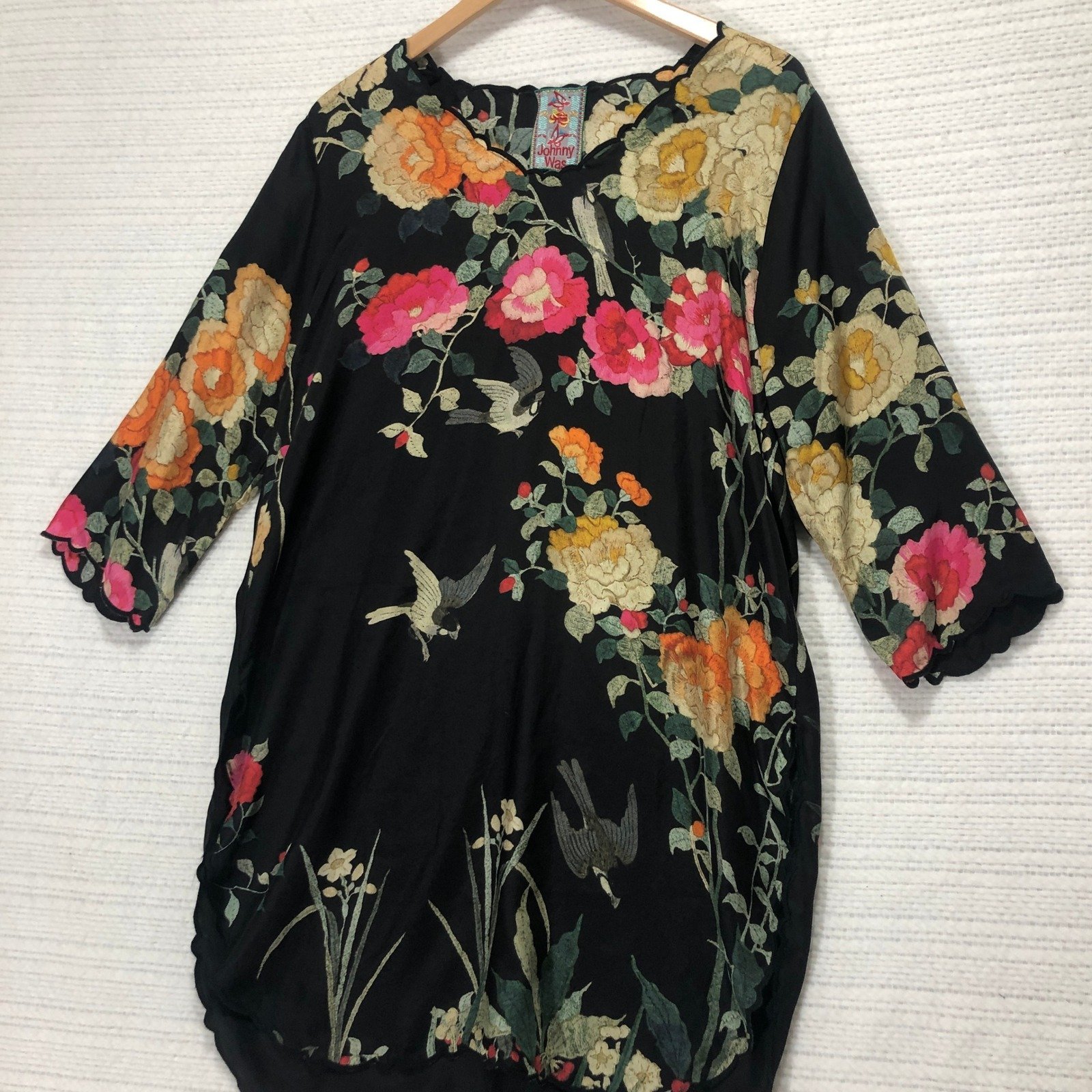 Johnny Was Floral Print Silk Tunic Dress Bird Motif Bohemian Style S