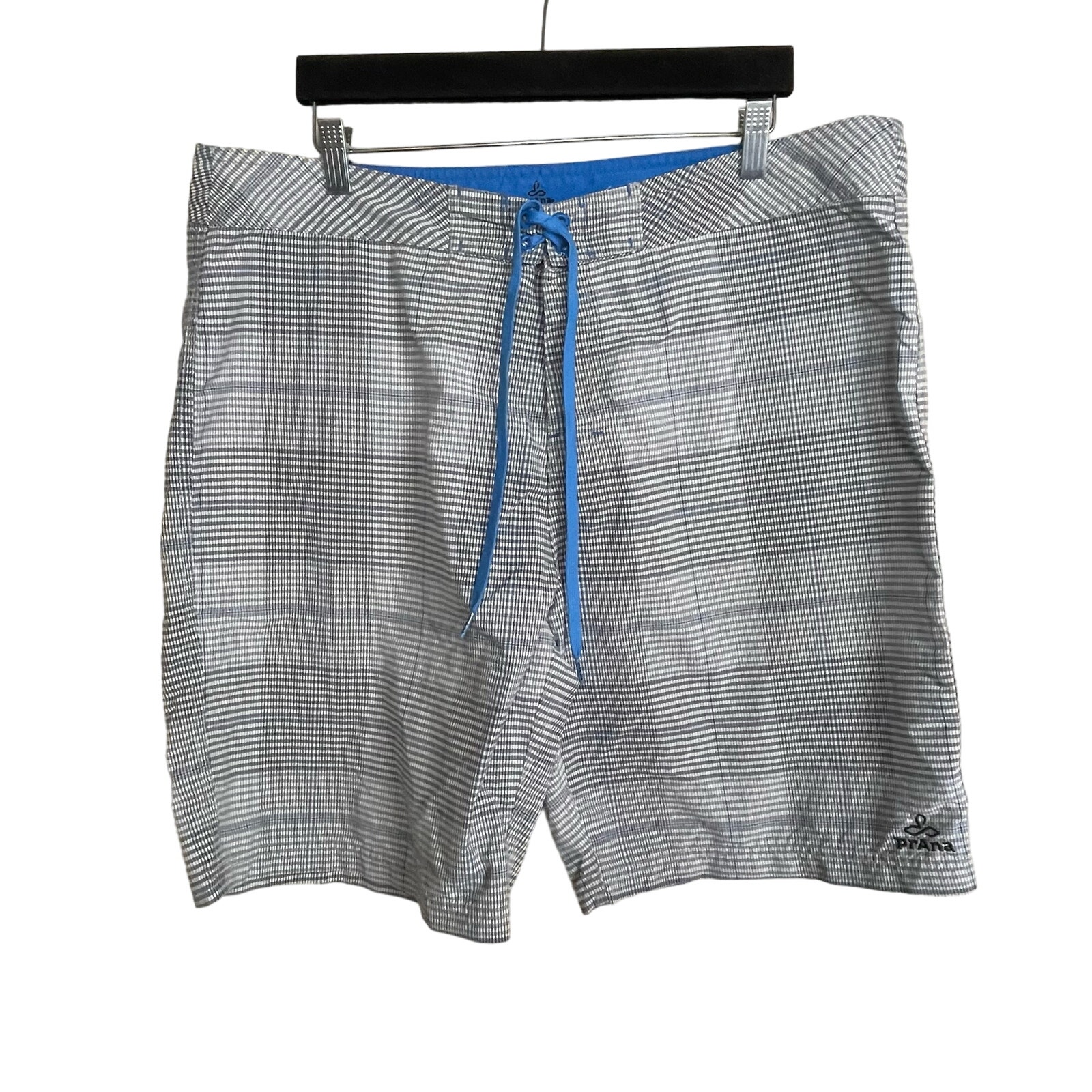 Prana Men's UPF 50+ Board Shorts Gray Blue White Plaid Size 38 Swim Surf