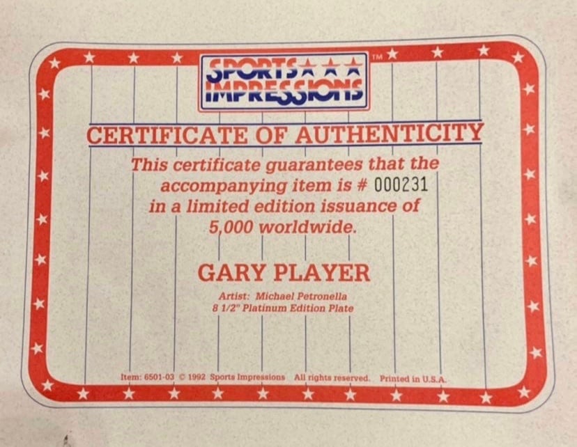 Gary Player Golf Limited Edition Platinum Plate with COA