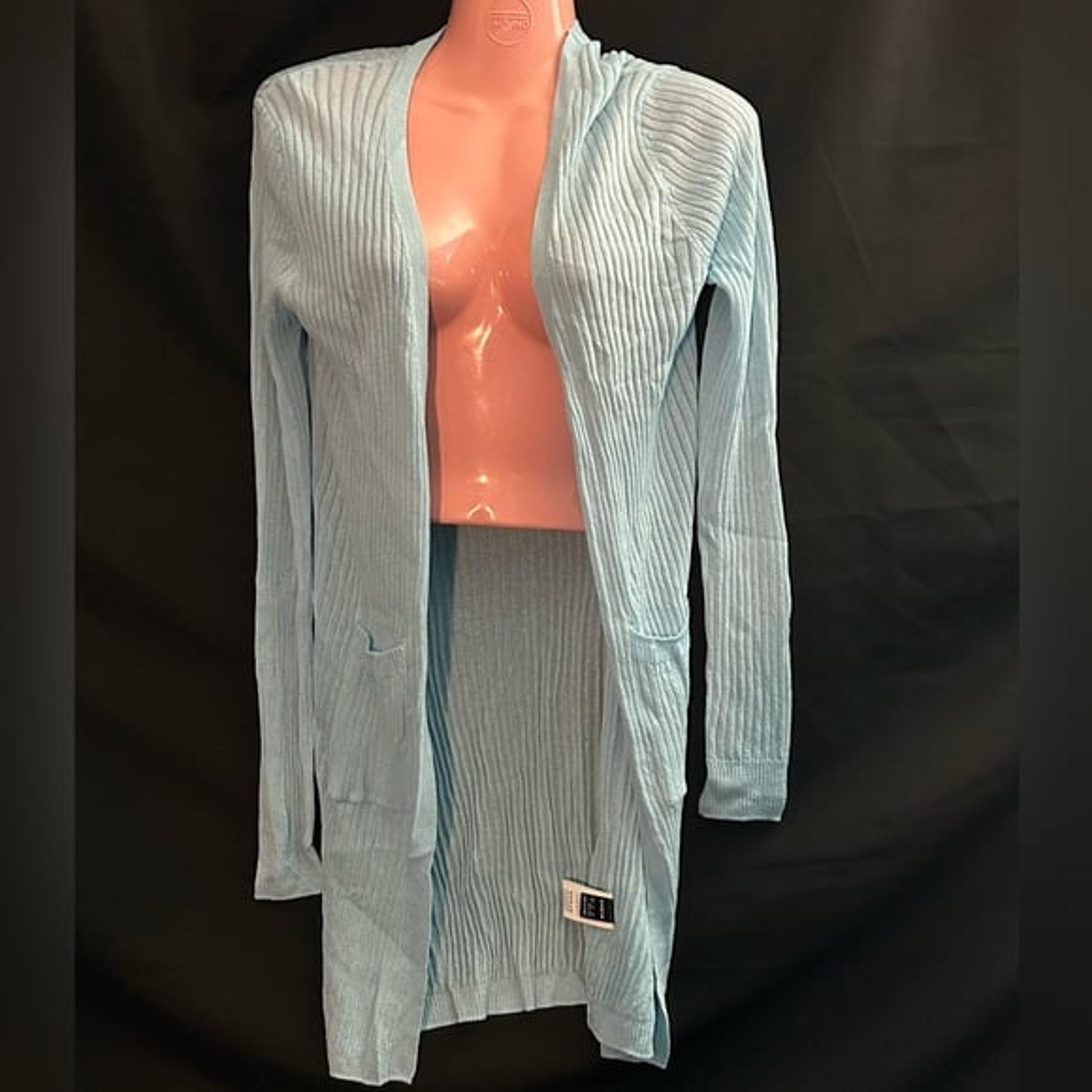 SHEIN Light Blue Ribbed Long Length Cardigan Pockets Lightweight