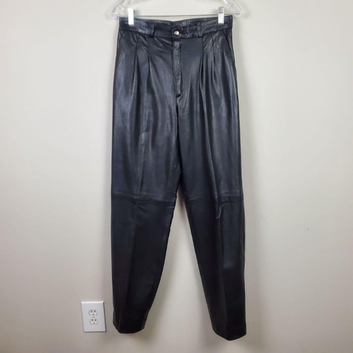 Genuine Black Leather High Rise Pants
