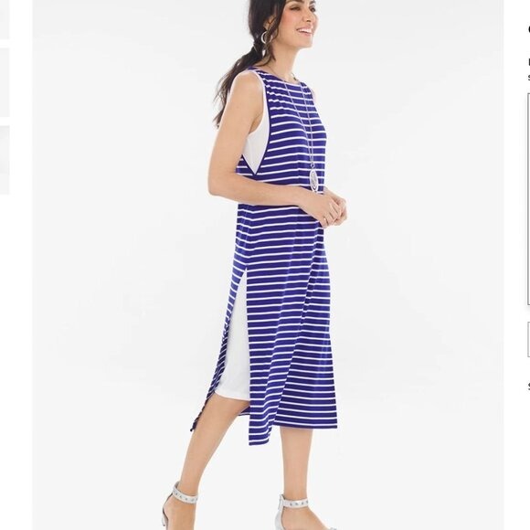 Chico's Striped Double-Layer Stretch Jersey Knit Dress Size XL Blue Nautical