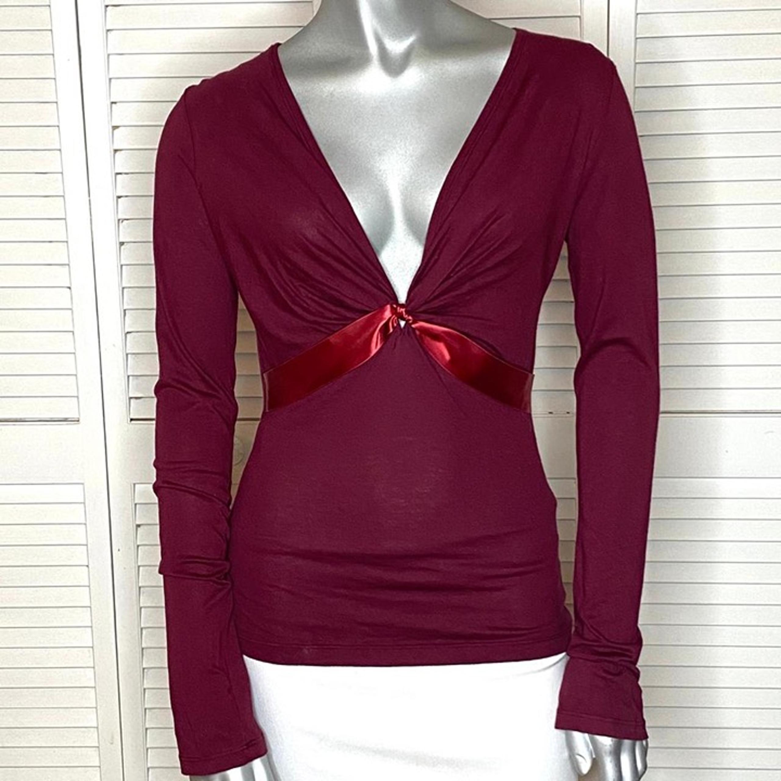 Rebecca Beeson Anthropologie Wine Red V-Neck Long Sleeve Ribbon Top Shirt 1 S
