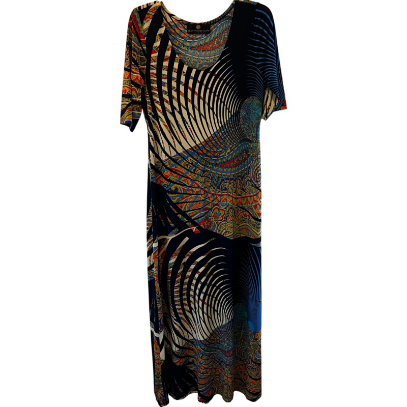 Jean-Pierre Klifa Paris Maxi Dress Medium Abstract Swirl Paisley Short Sleeve