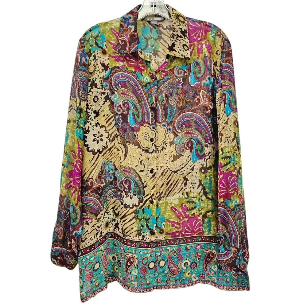 GO SILK Top L Silk Multi Color Paisley Button Sheer Long Sleeve Office Preppy