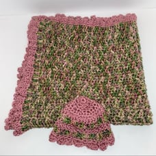 Handmade Matching Baby Green and Pink Cozy Crochet Knit Blanket and Hat Set