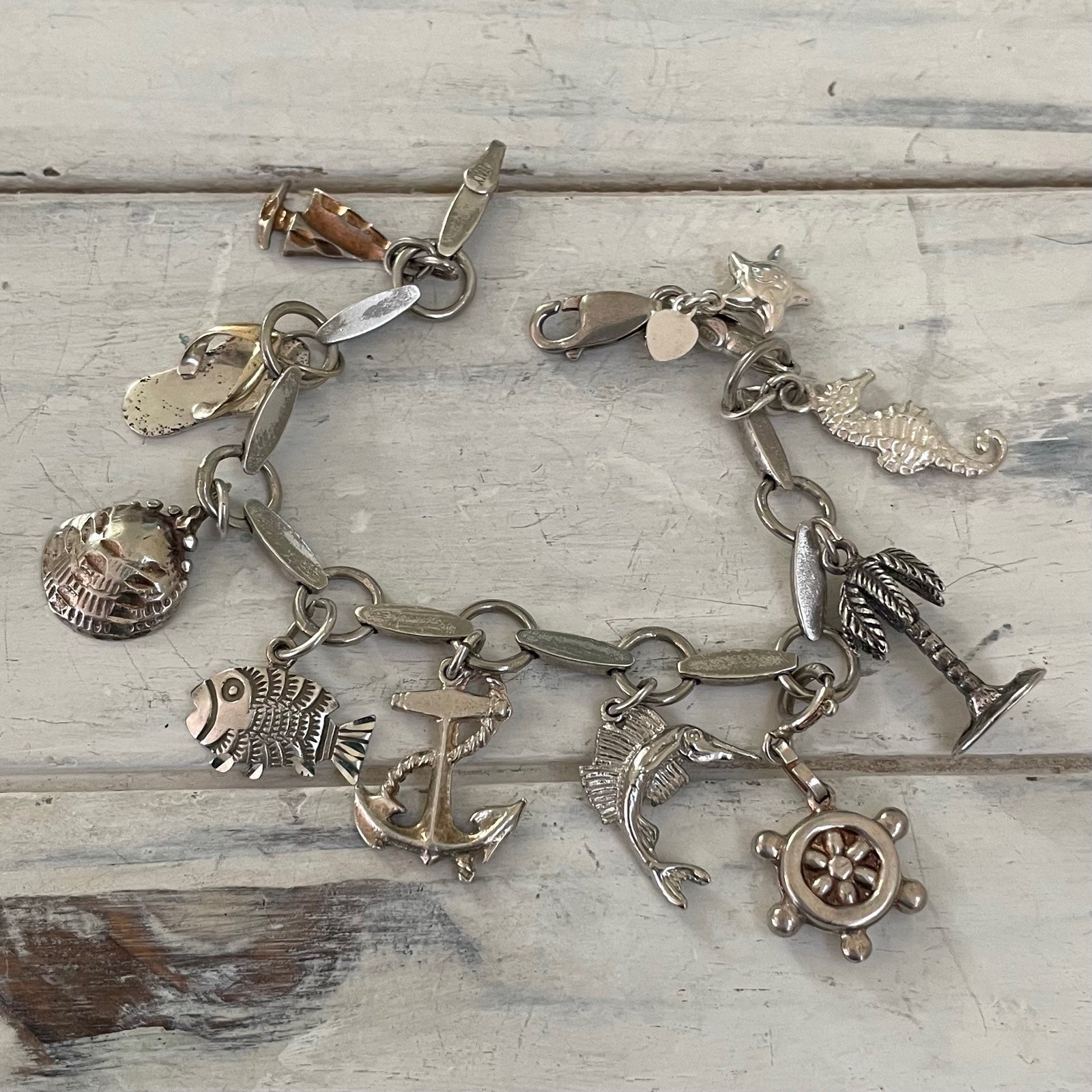 Vintage sterling silver beach themed link charm bracelet