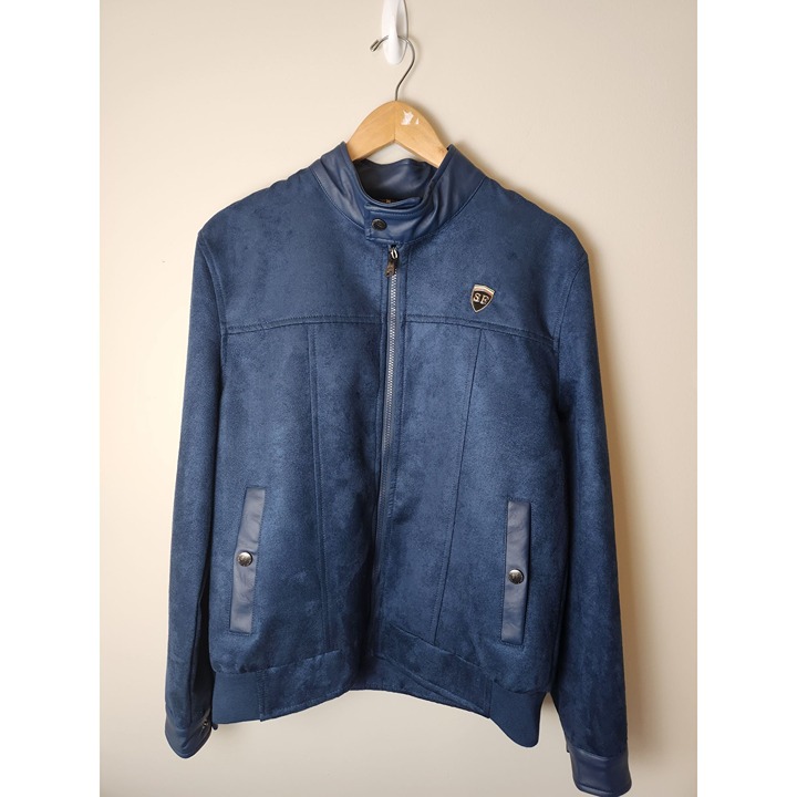 SF Superlative Fashion Mens Blue Suede Jacket With Italian Flag Lining & Metal B