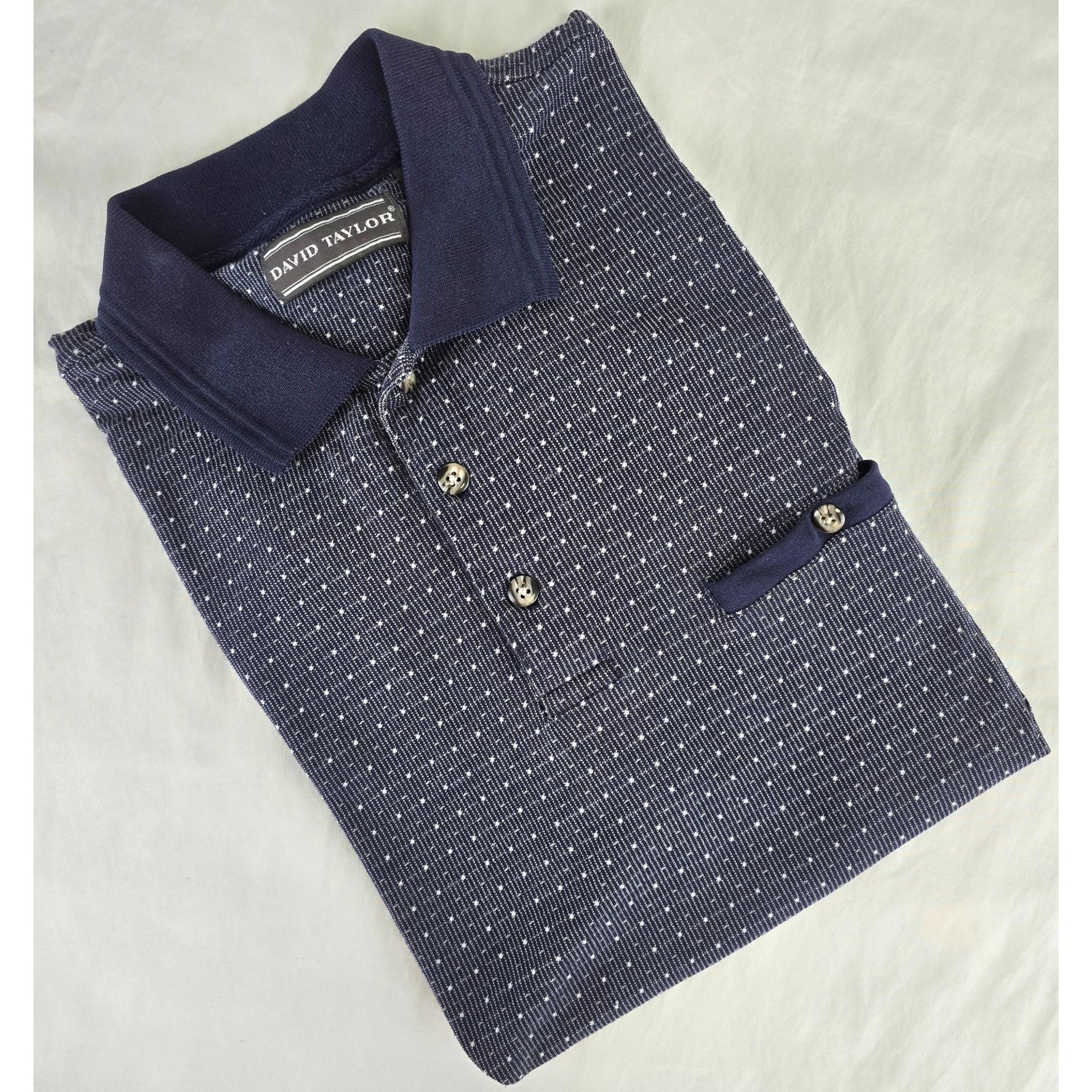 Vtg David Taylor Golf Polo Shirt Mens XL Navy White Dots Banded Waist Pocket Dad